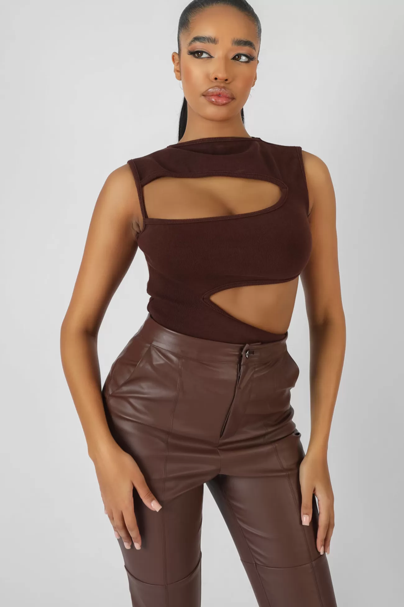Public Desire Asymmetric Cut Away Bodysuit Chocolate Flash Sale