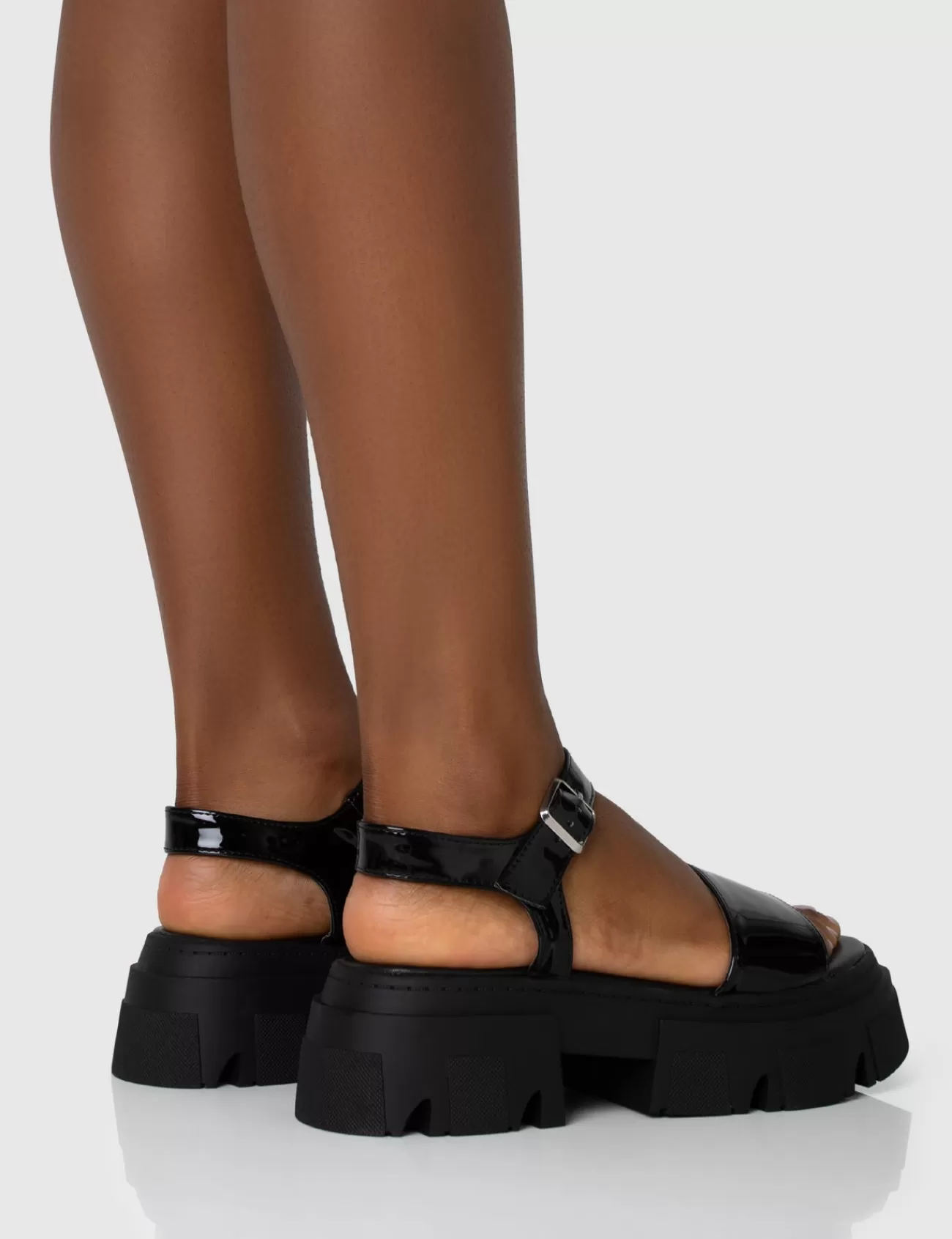 Public Desire Athens Patent Round Toe Chunky Flat Sandals Black Discount