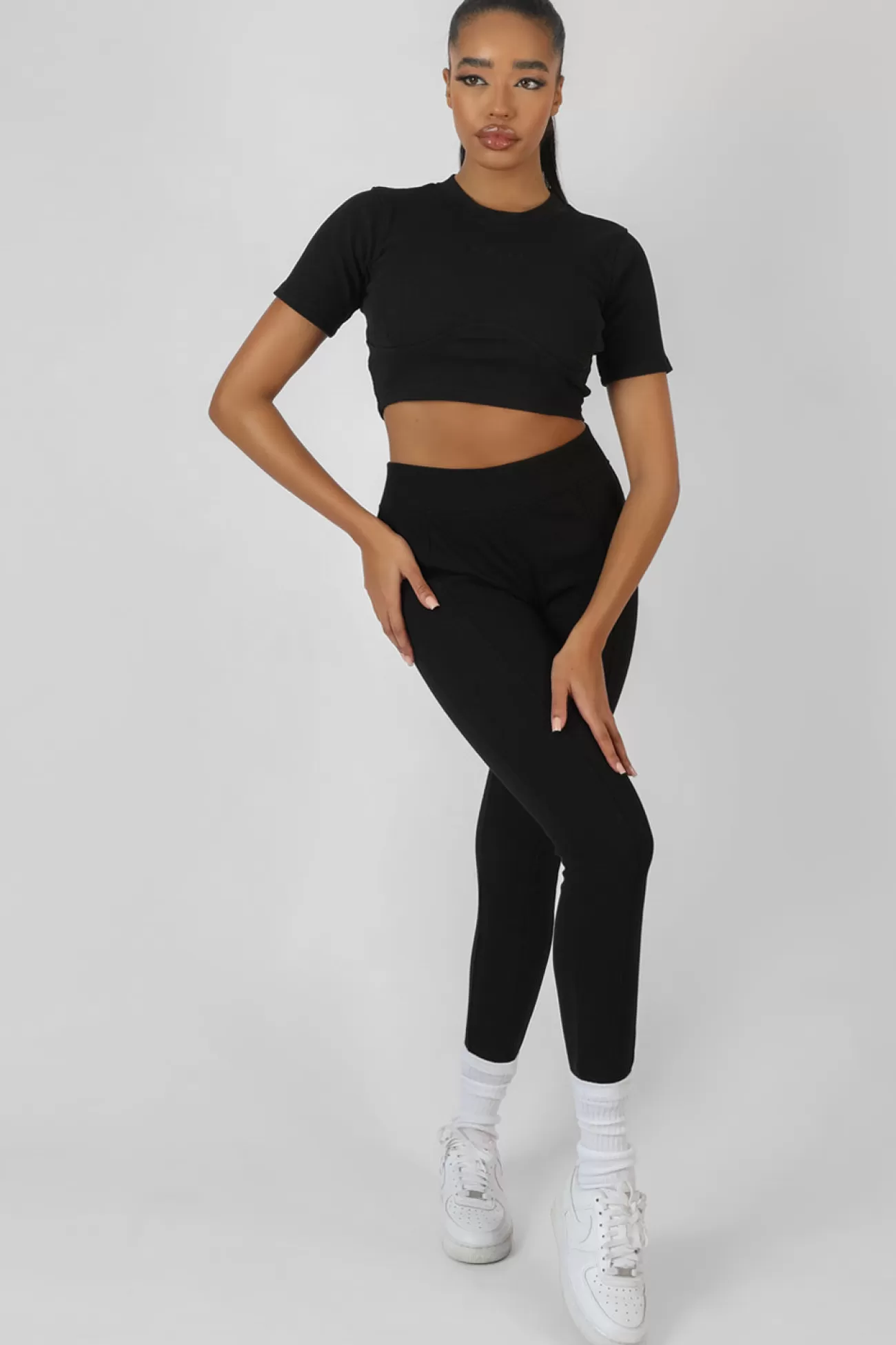 Public Desire Athleisure Underbust Ribbed Fitted Cropped T-Shirt Black Fashion