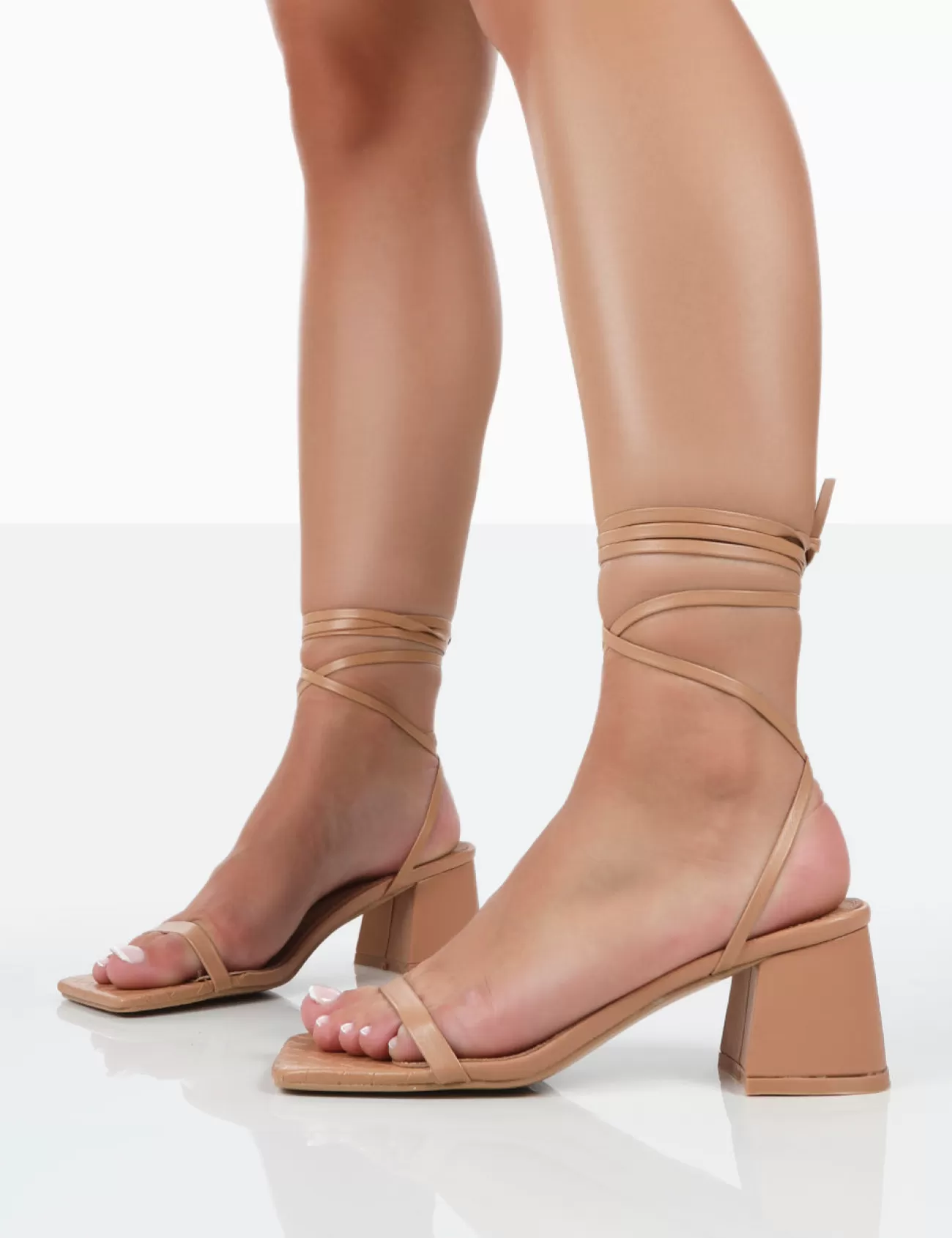 Public Desire Babeass Pu Sqaure Toe Lace Up Block Mid Heeled Sandals Nude Shop