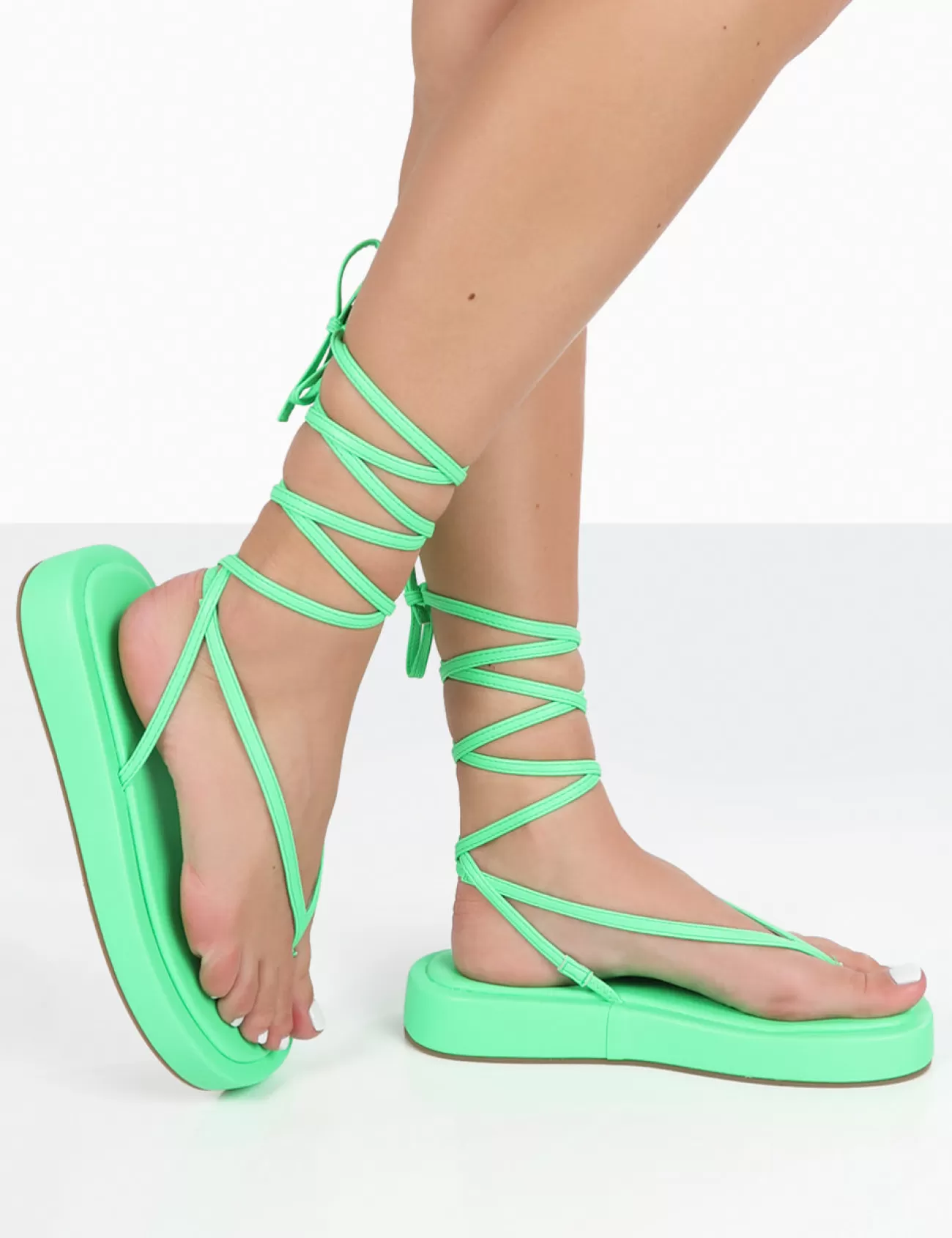 Public Desire Beach Babe Green Lace Up Toe Thong Flatform Sandals Lime Discount