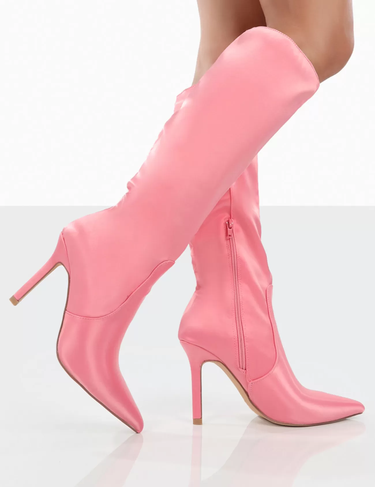 Public Desire Best Believe Satin Pointed Toe Stiletto Heeled Knee High Boots Pink Online