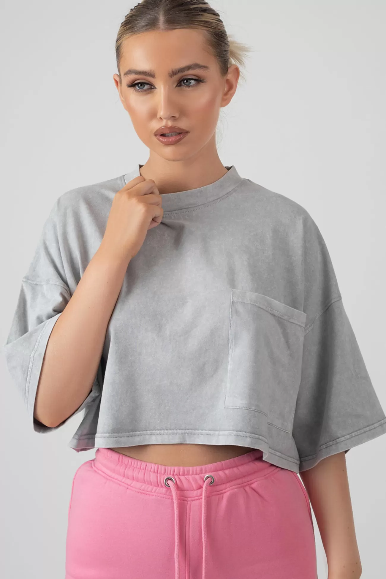 Public Desire Boxy Cropped Graphic T-Shirt Acid Wash Grey Clearance