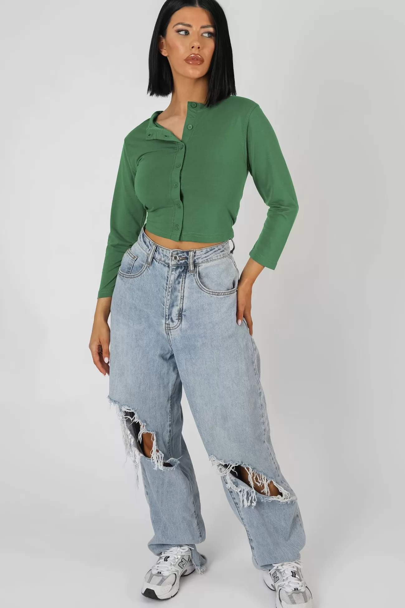 Public Desire Button Front Long Sleeve Crop Top Khaki Hot