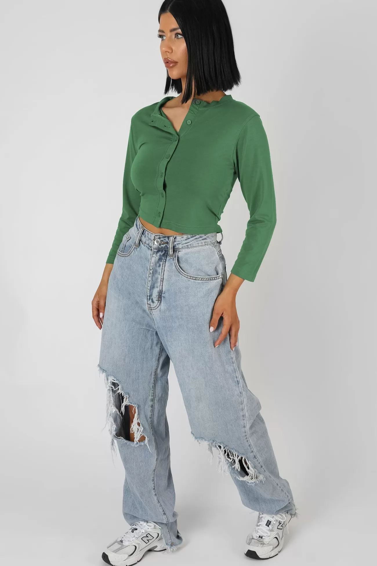 Public Desire Button Front Long Sleeve Crop Top Khaki Hot