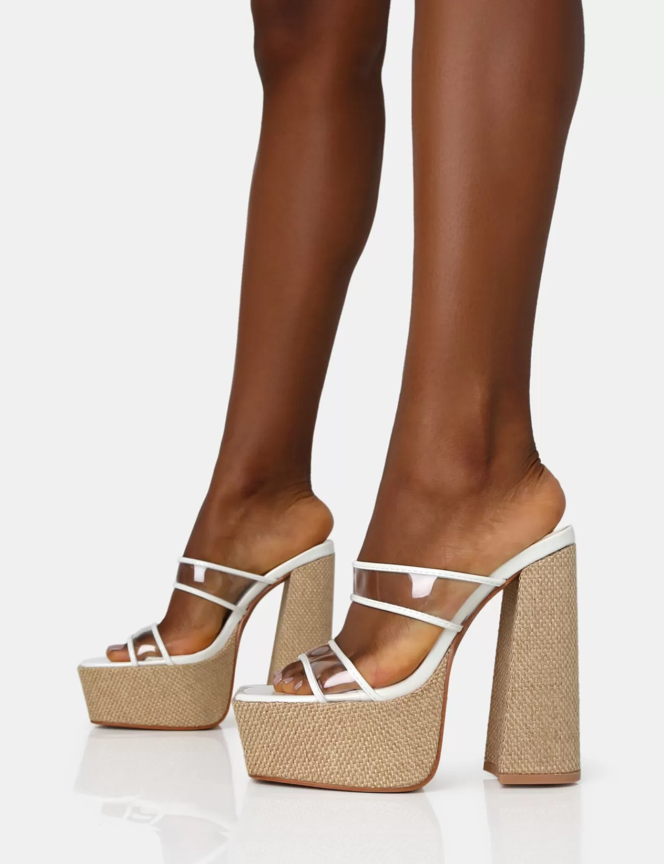 Public Desire Carley Perspex Mule Square Toe Platform Raffia Block Heels White Outlet