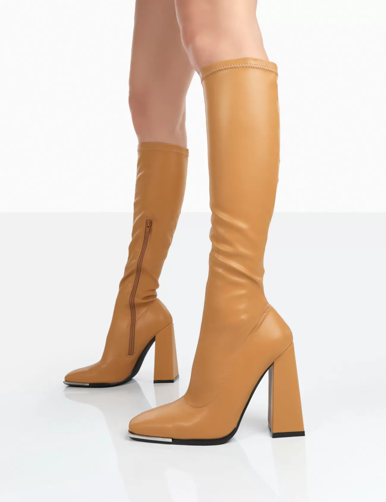 Public Desire Caryn Grain Pu Patent Knee High Block Heeled Boots Camel Cheap