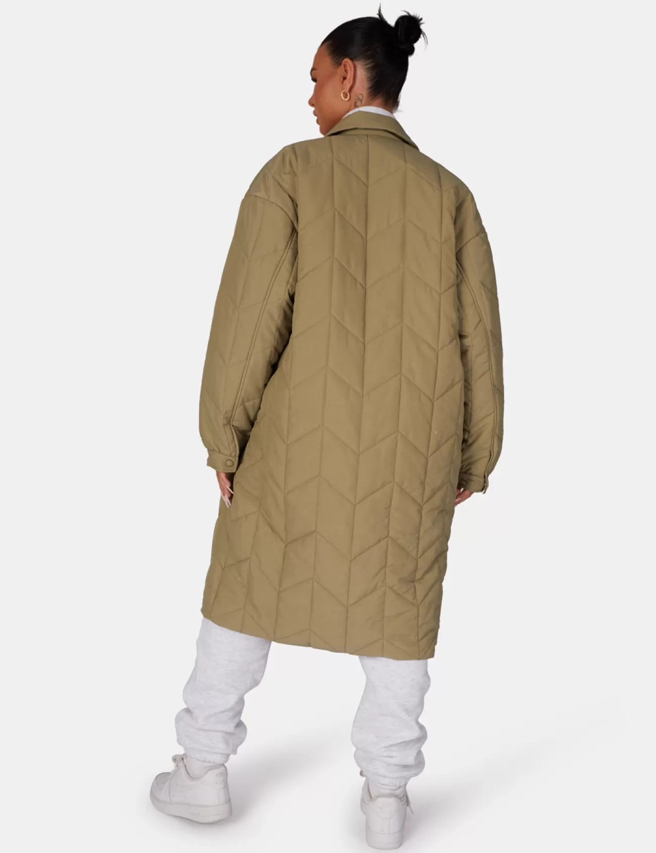 Public Desire Chevron Quilted Longline Jacket Khaki Cheap