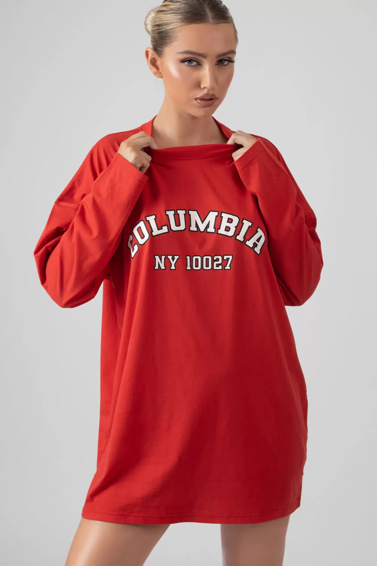 Public Desire Columbia Slogan Long Sleeved T-Shirt Dress Red Store