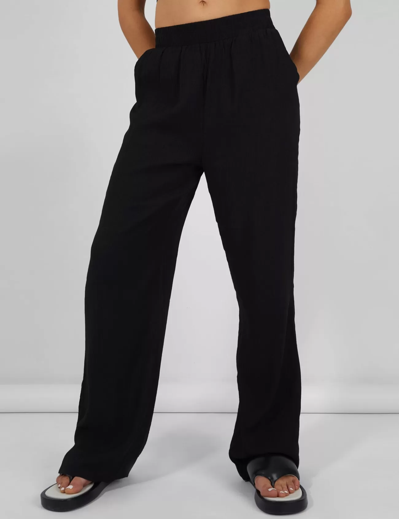 Public Desire Crinkle Elasticated Waist Wide Leg Trousers Black Cheap