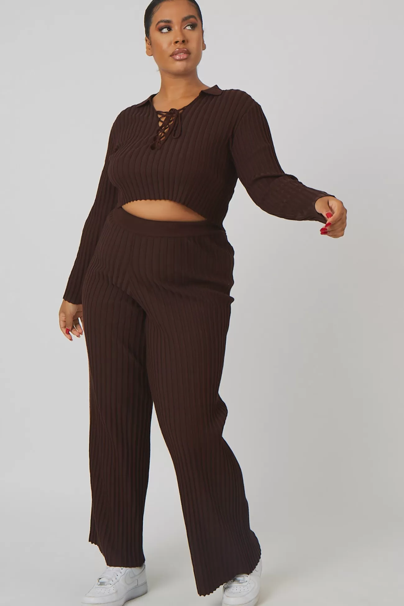 Public Desire Curve Lace Up Ribbed Knitted Crop Top Chocolate Flash Sale