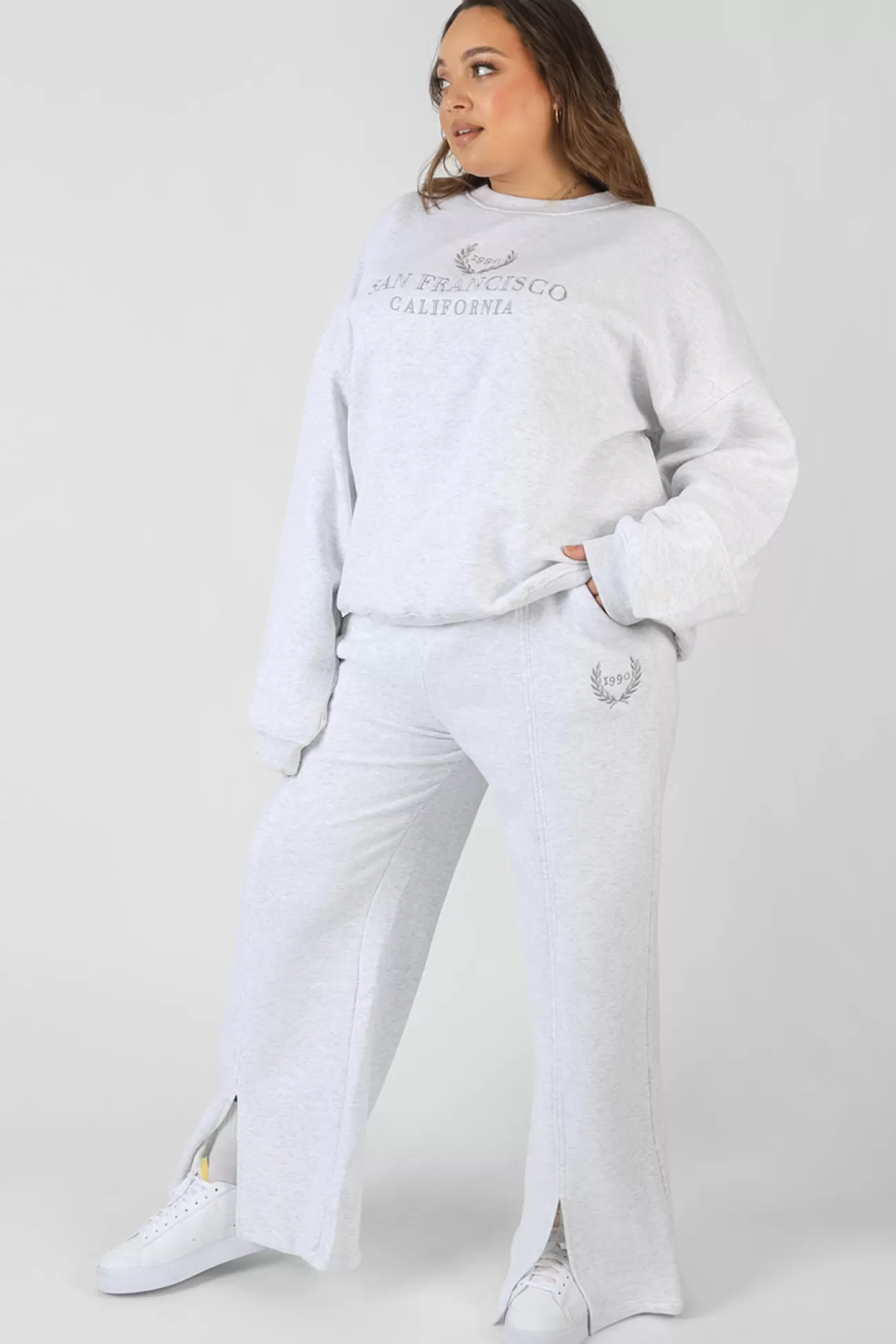 Public Desire Curve Oversized Embroidered Split Front Joggers Oatmeal Marl Best Sale