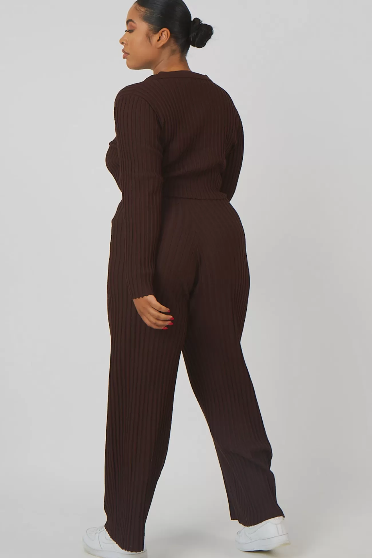 Public Desire Curve Ribbed Knitted Wide Leg Trousers Chocolate Shop
