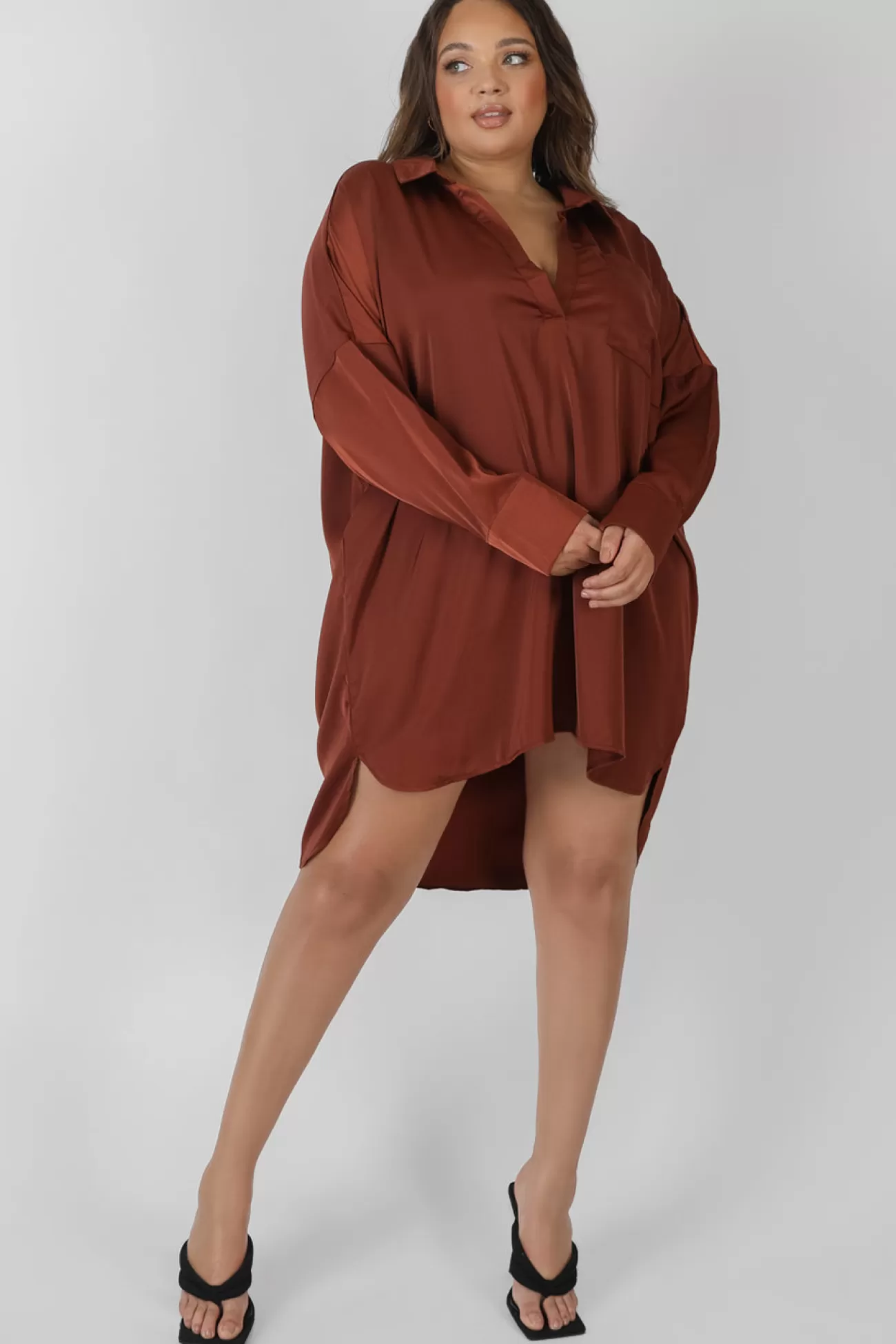 Public Desire Curve Satin Shirt Dress Chocolate Brown Clearance