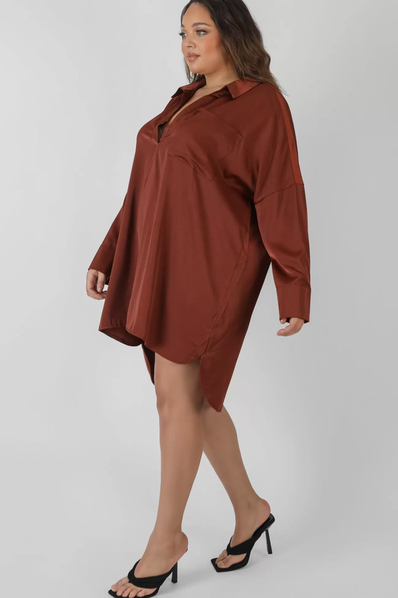 Public Desire Curve Satin Shirt Dress Chocolate Brown Clearance