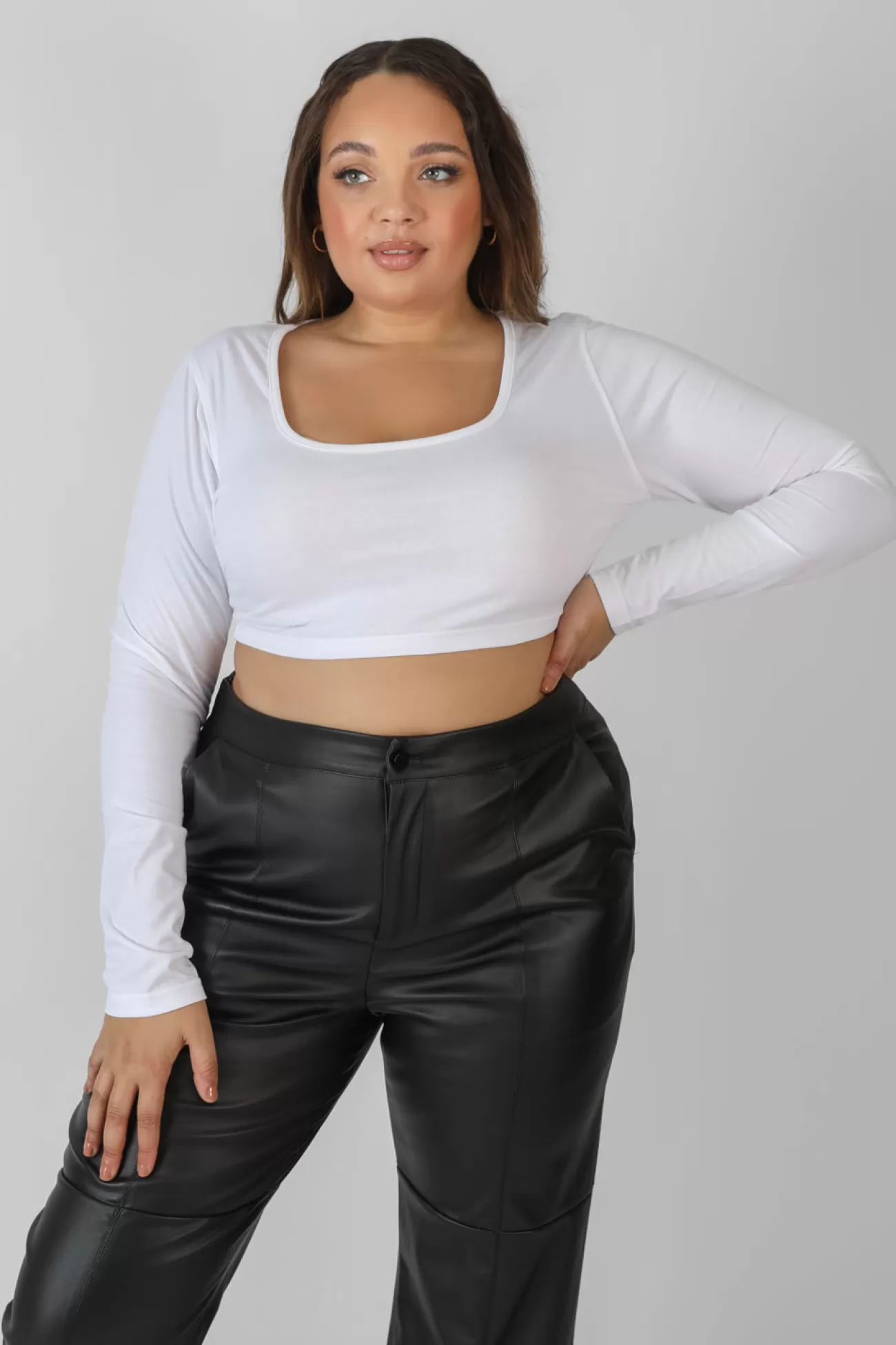 Public Desire Curve Scoop Neck Long Sleeve Crop Top White Discount