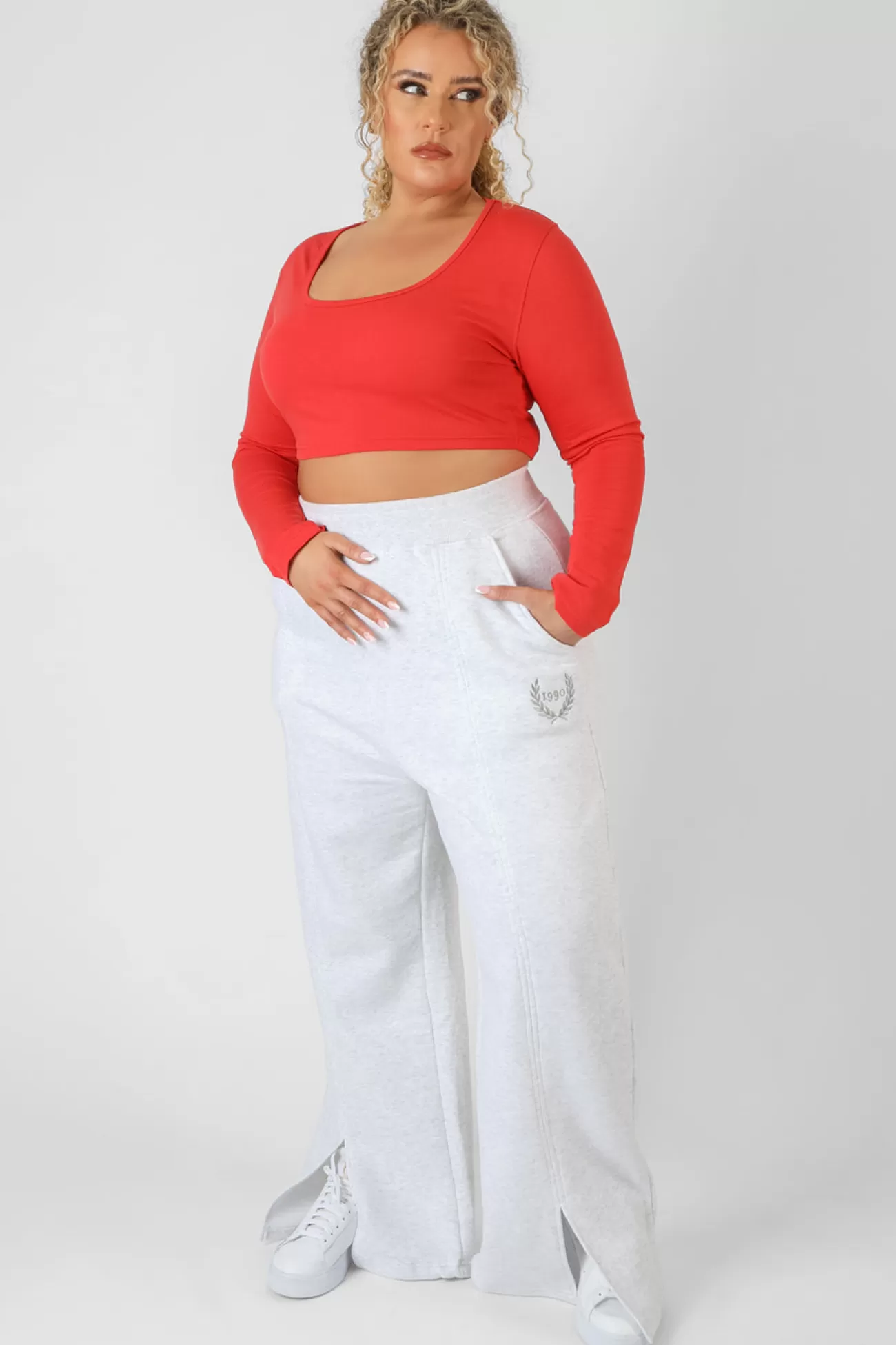 Public Desire Curve Scoop Neck Long Sleeve Crop Top Red Discount