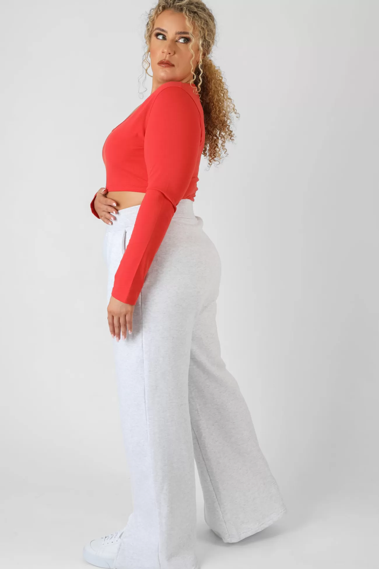 Public Desire Curve Scoop Neck Long Sleeve Crop Top Red Discount