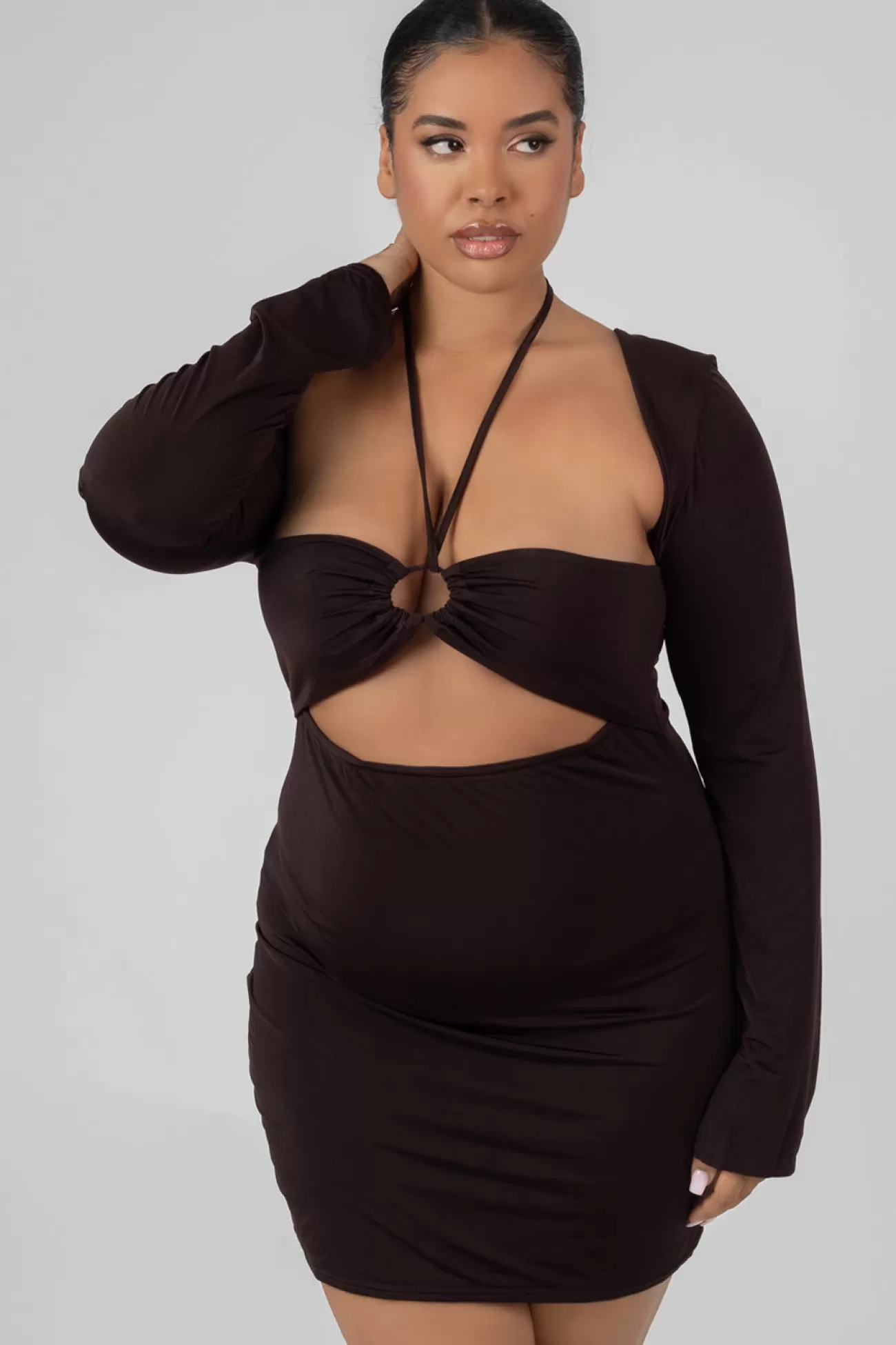 Public Desire Curve Slinky Ruch Bust Cut Out Long Sleeved Dress Chocolate Brown Flash Sale