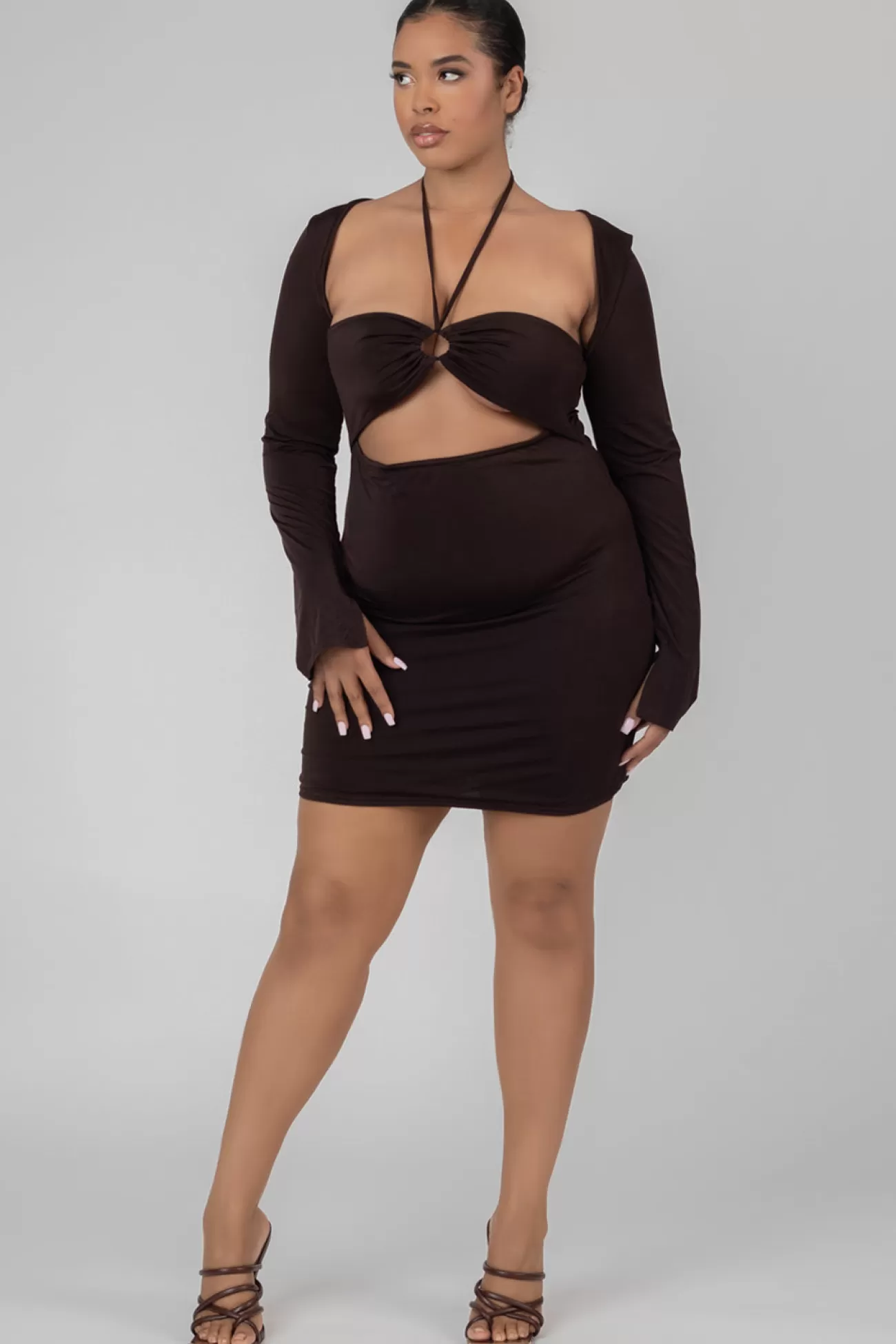 Public Desire Curve Slinky Ruch Bust Cut Out Long Sleeved Dress Chocolate Brown Flash Sale
