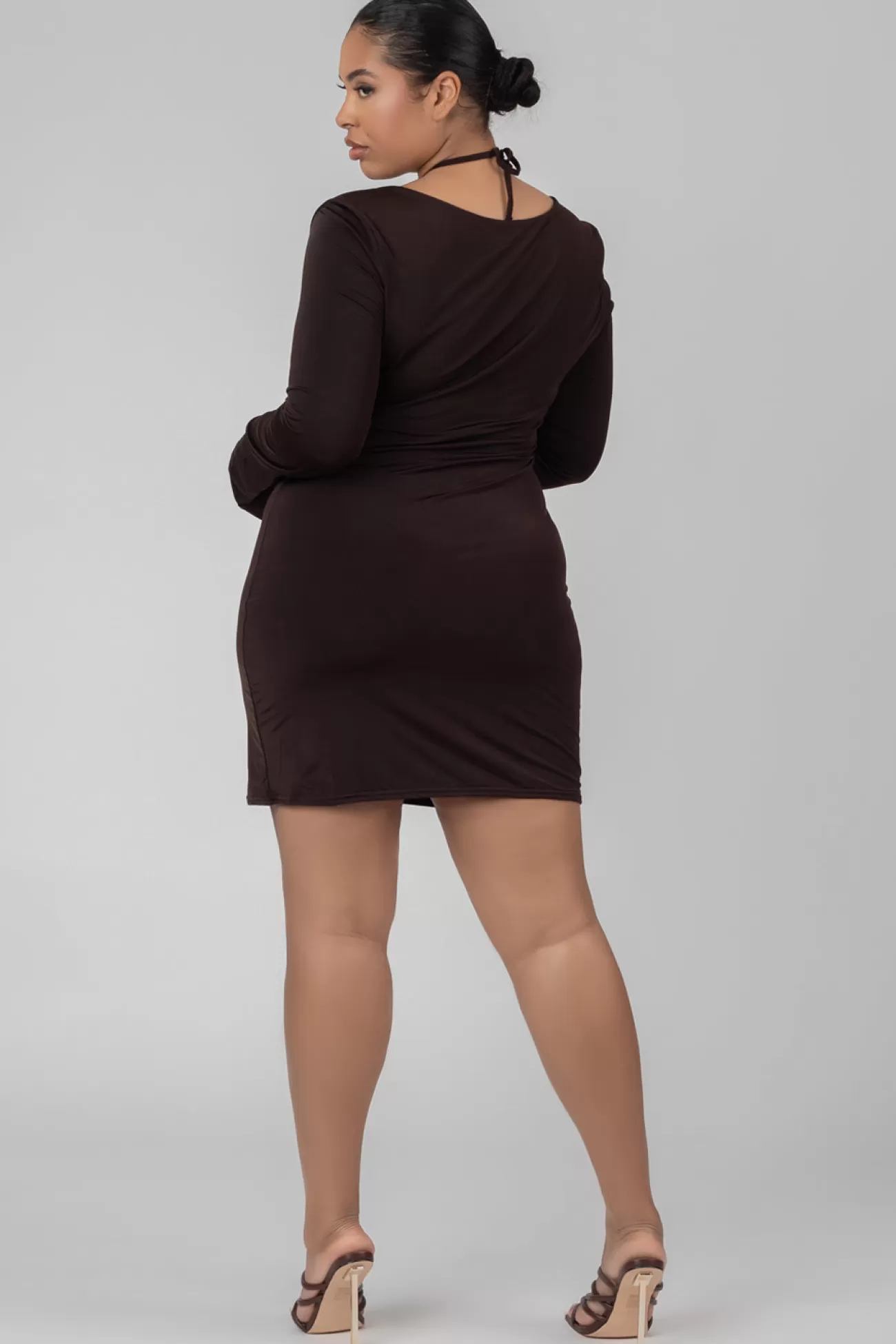 Public Desire Curve Slinky Ruch Bust Cut Out Long Sleeved Dress Chocolate Brown Flash Sale