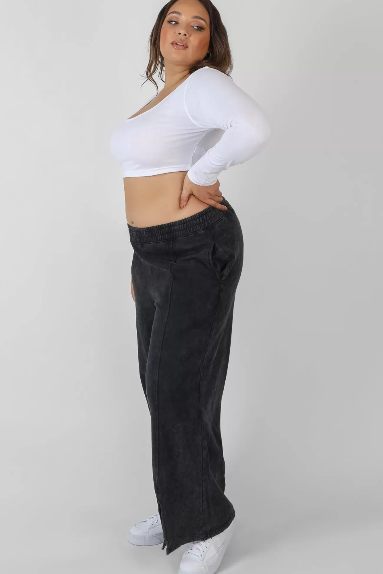 Public Desire Curve Split Front Seam Detail Wide Leg Joggers Acid Wash Black Outlet