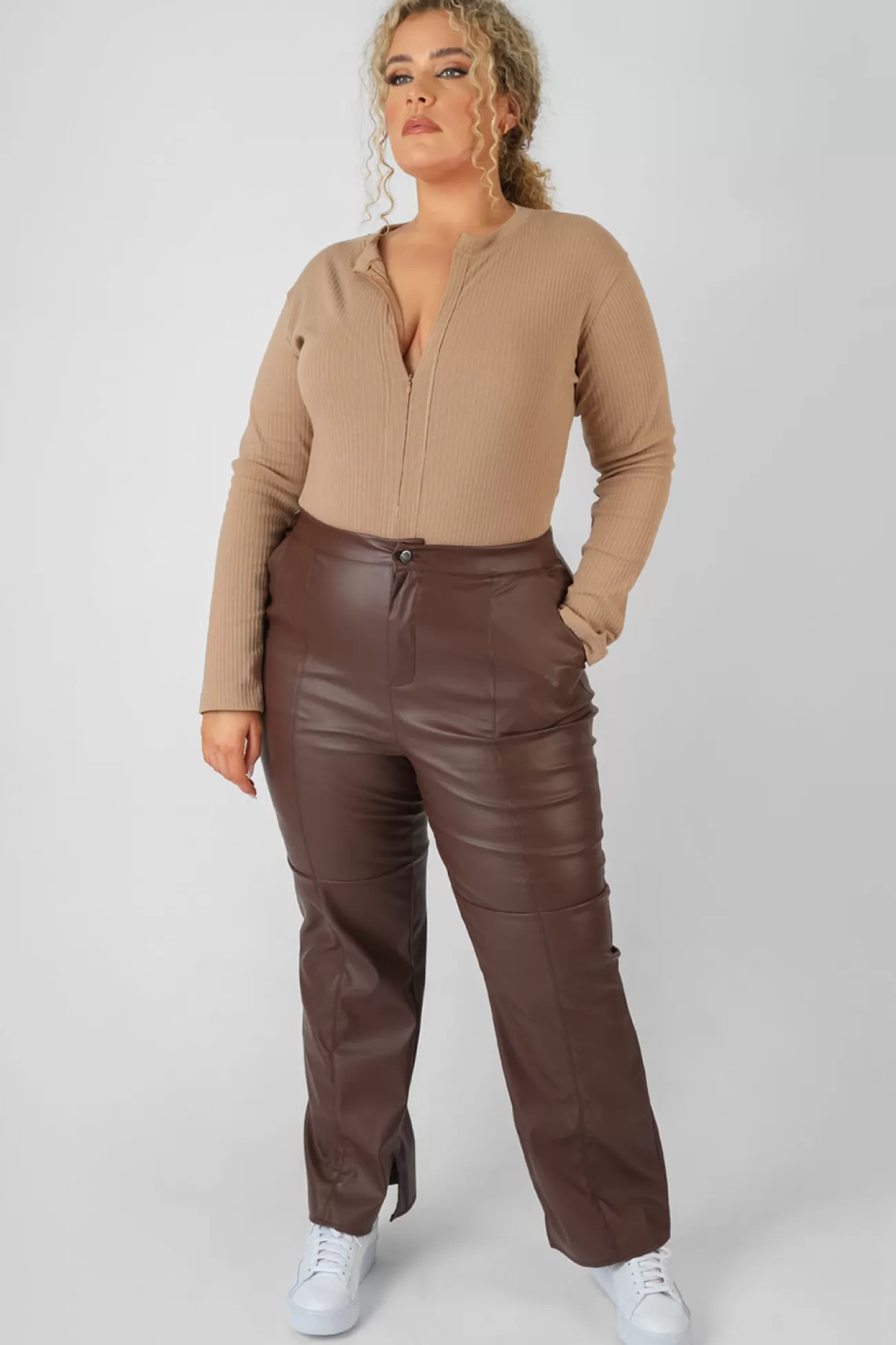 Public Desire Curve Zip Front Ribbed Bodysuit Light Brown Hot