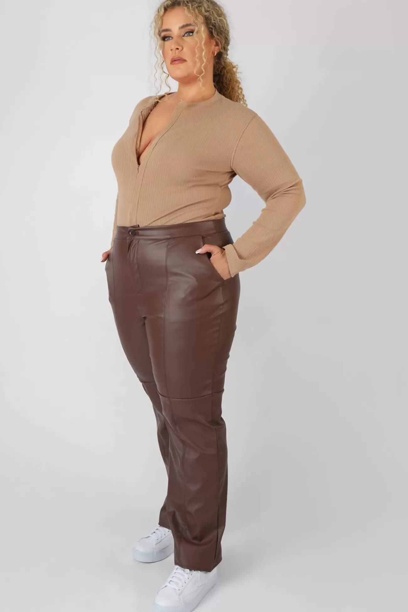 Public Desire Curve Zip Front Ribbed Bodysuit Light Brown Hot