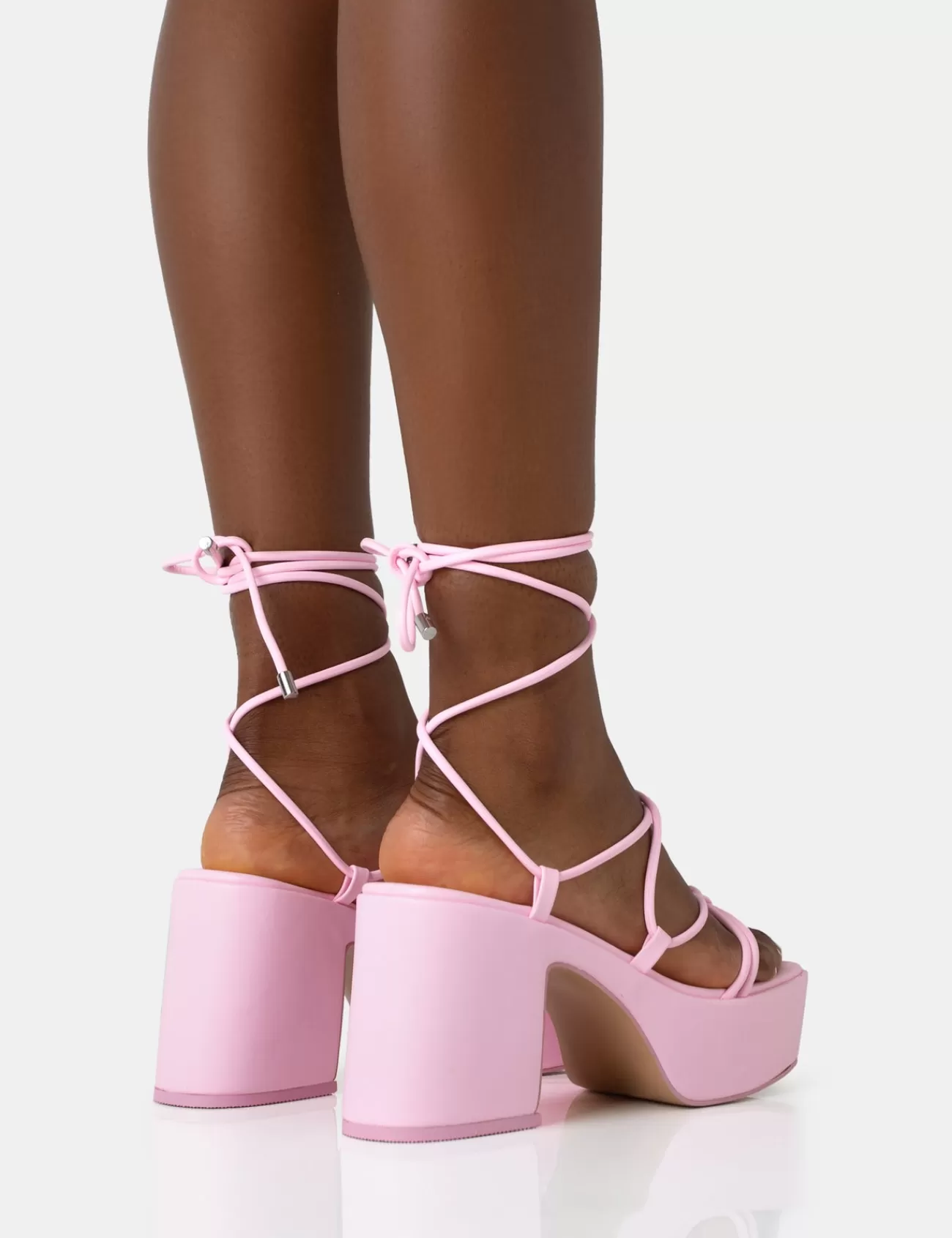 Public Desire Darcy Baby Strappy Lace Up Square Toe Mid Flatform Heels Pink Store