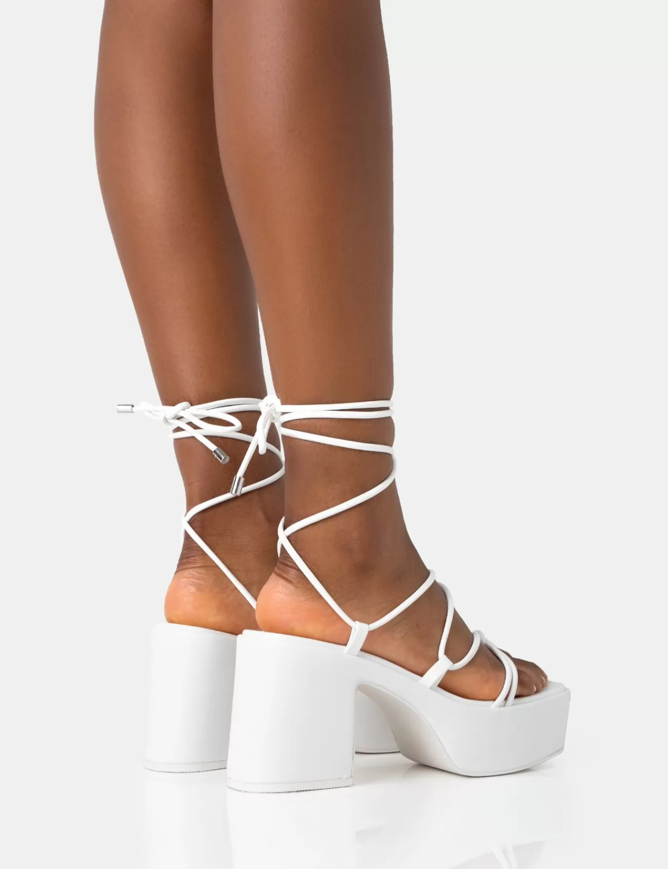 Public Desire Darcy Ecru Pu Strappy Lace Up Square Toe Mid Flatform Heels Pink Cheap