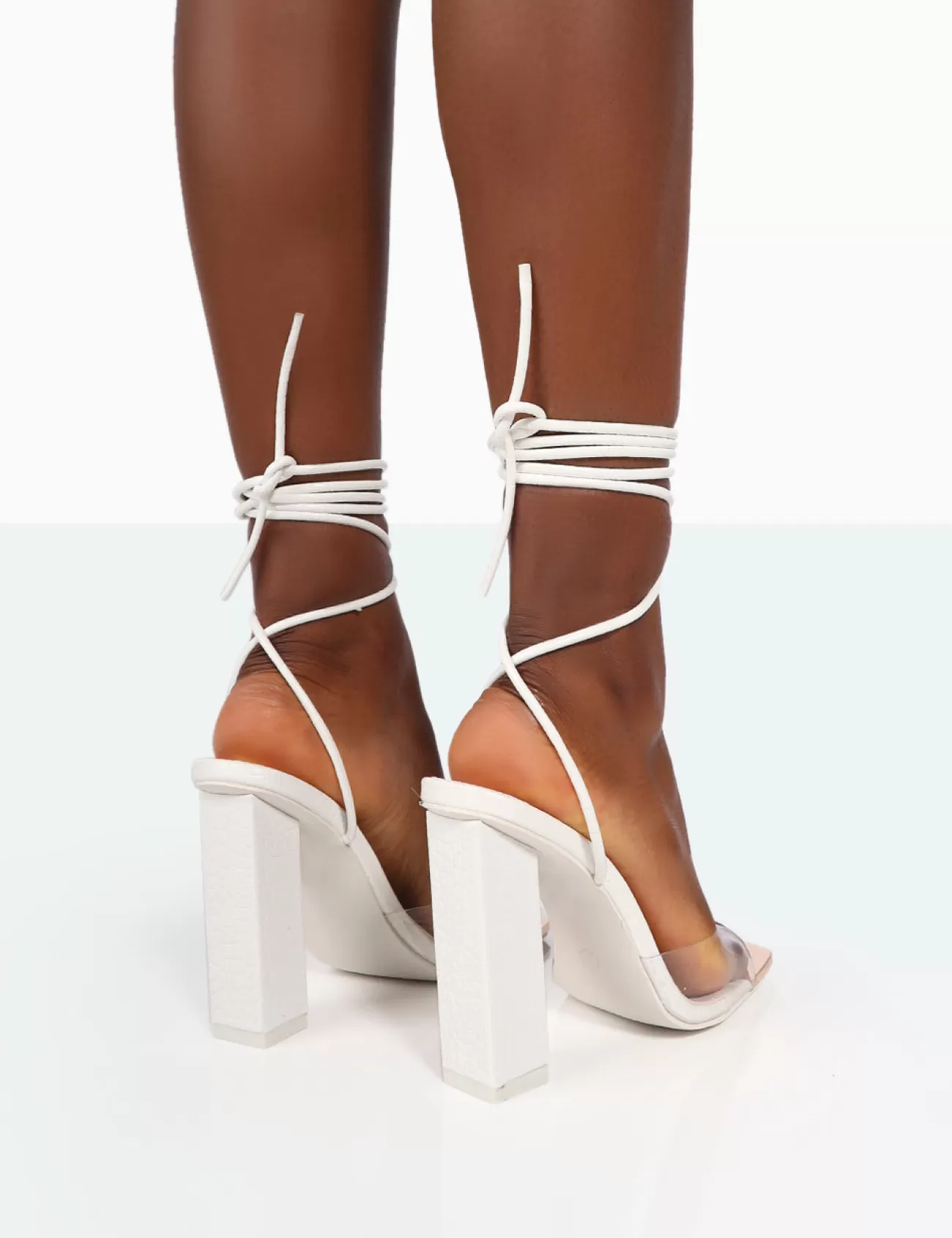 Public Desire Date-Night Wide Fit White Croc Lace Up Clear Perspex Square Toe Heels Clearance