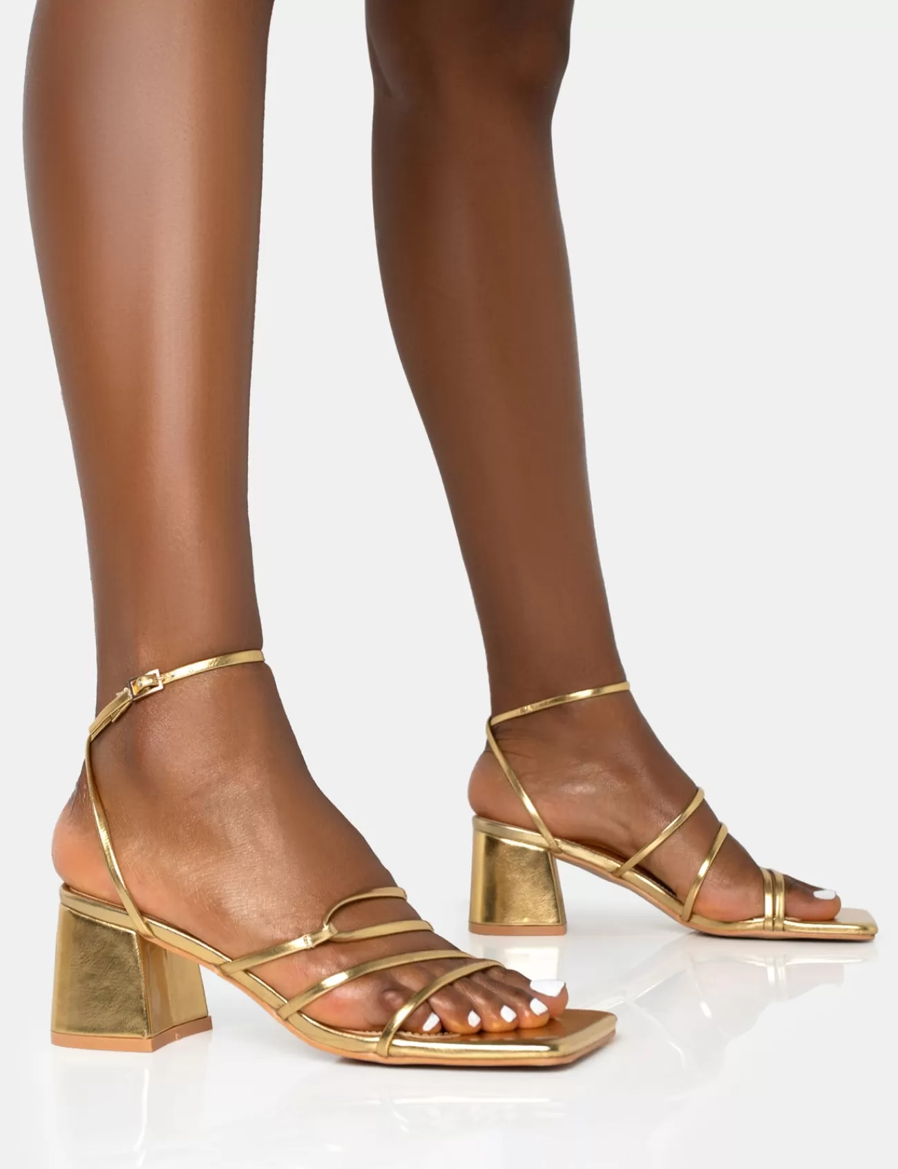 Public Desire Dayla Strappy Square Toe Block Mid Heel Sandals Gold Clearance