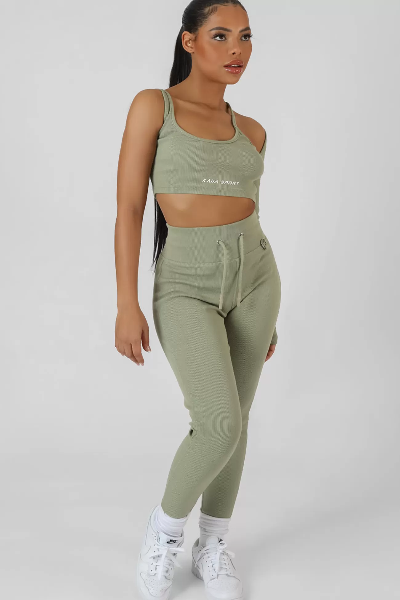 Public Desire Drawstring Waist Kaiia Sport Leggings Khaki Lightkhaki Shop
