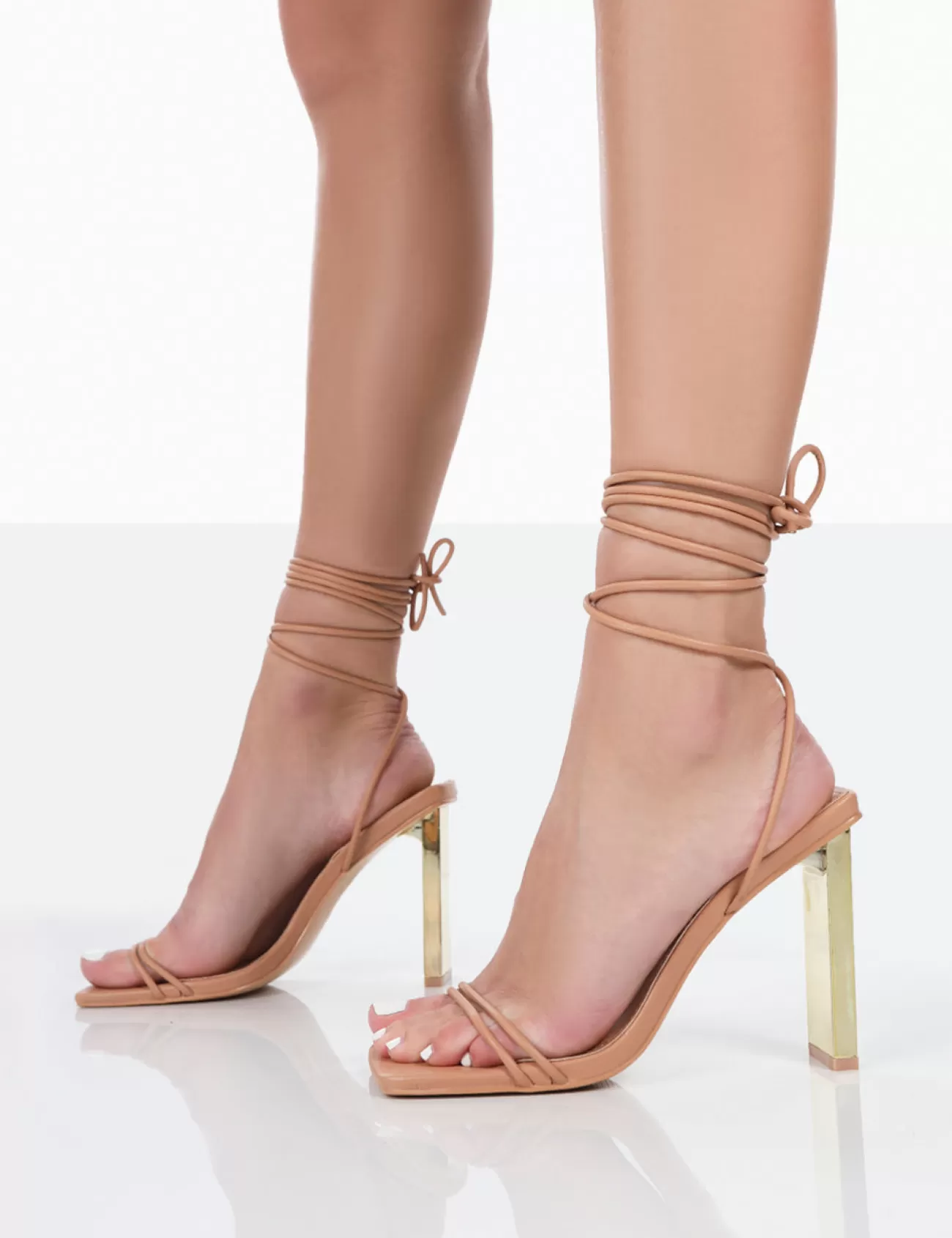 Public Desire Either Way Wide Fit Patent Pu Square Toe Lace Up Thin Block Heels Nude Fashion