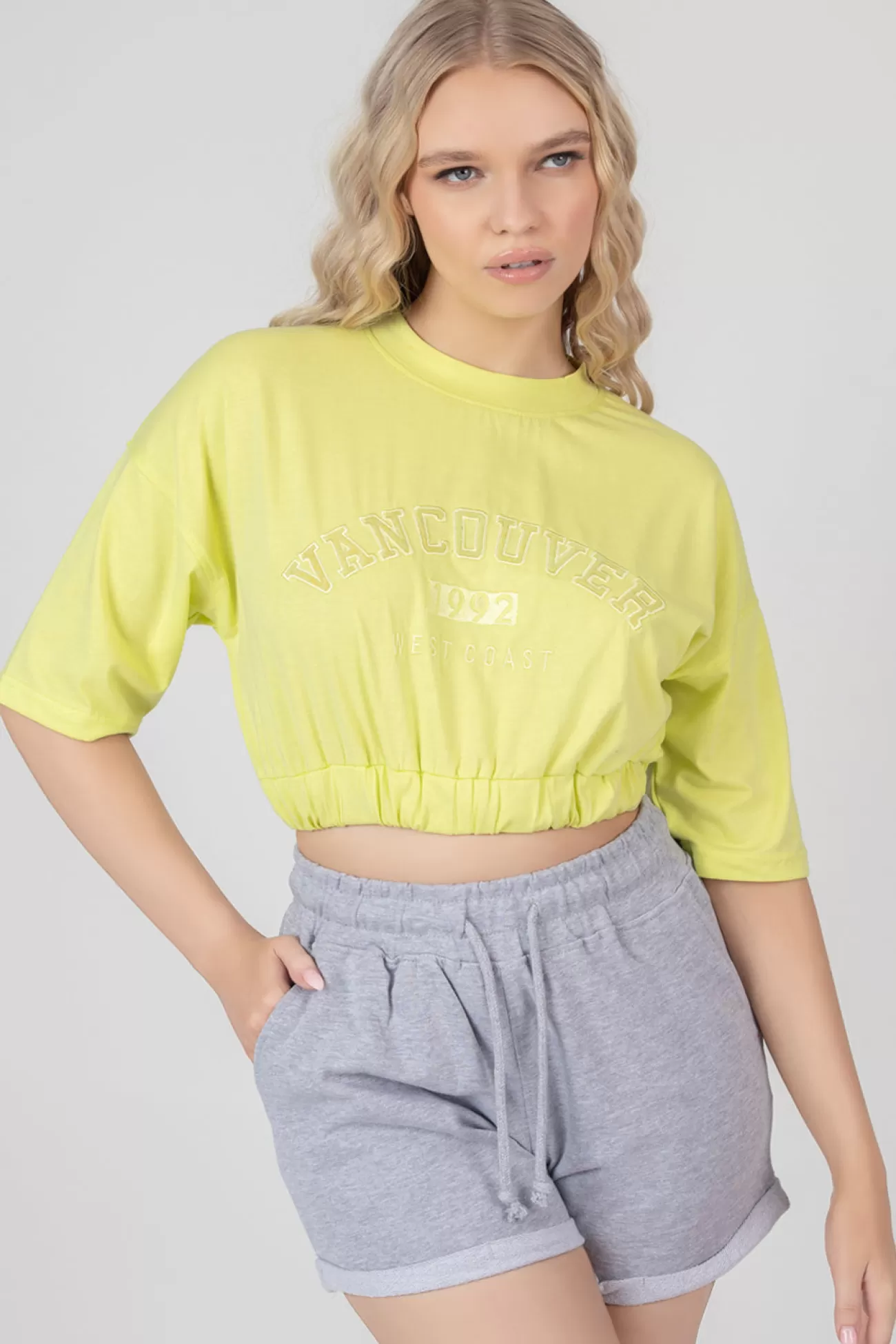 Public Desire Elasticated Hem Tonal Embroidered T-Shirt Lime Shop