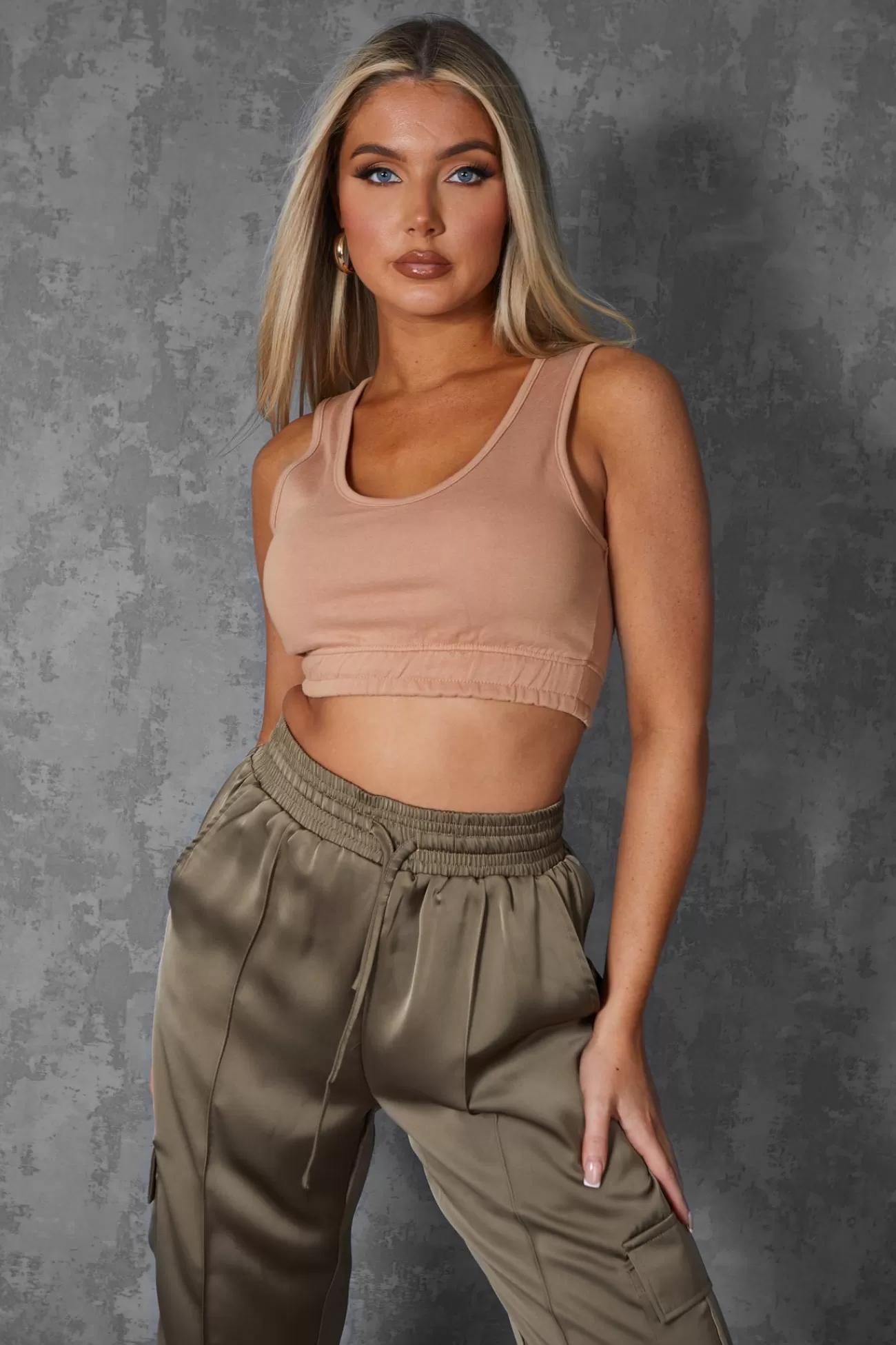 Public Desire Elasticated Waist Sweat Scoop Neck Crop Top Camel Brown Store