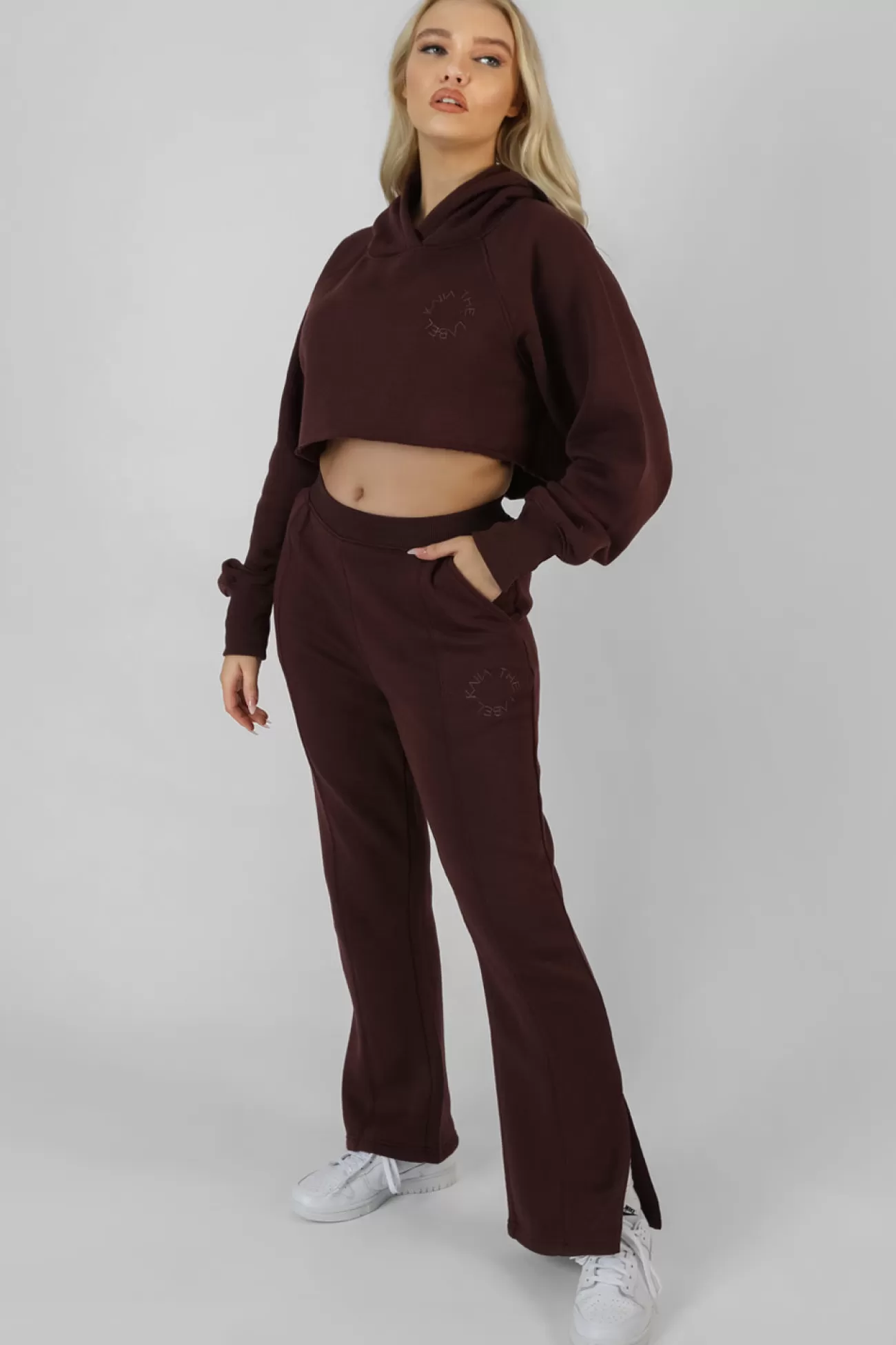 Public Desire Embroidered Cropped Hoodie Dark Brown Hot