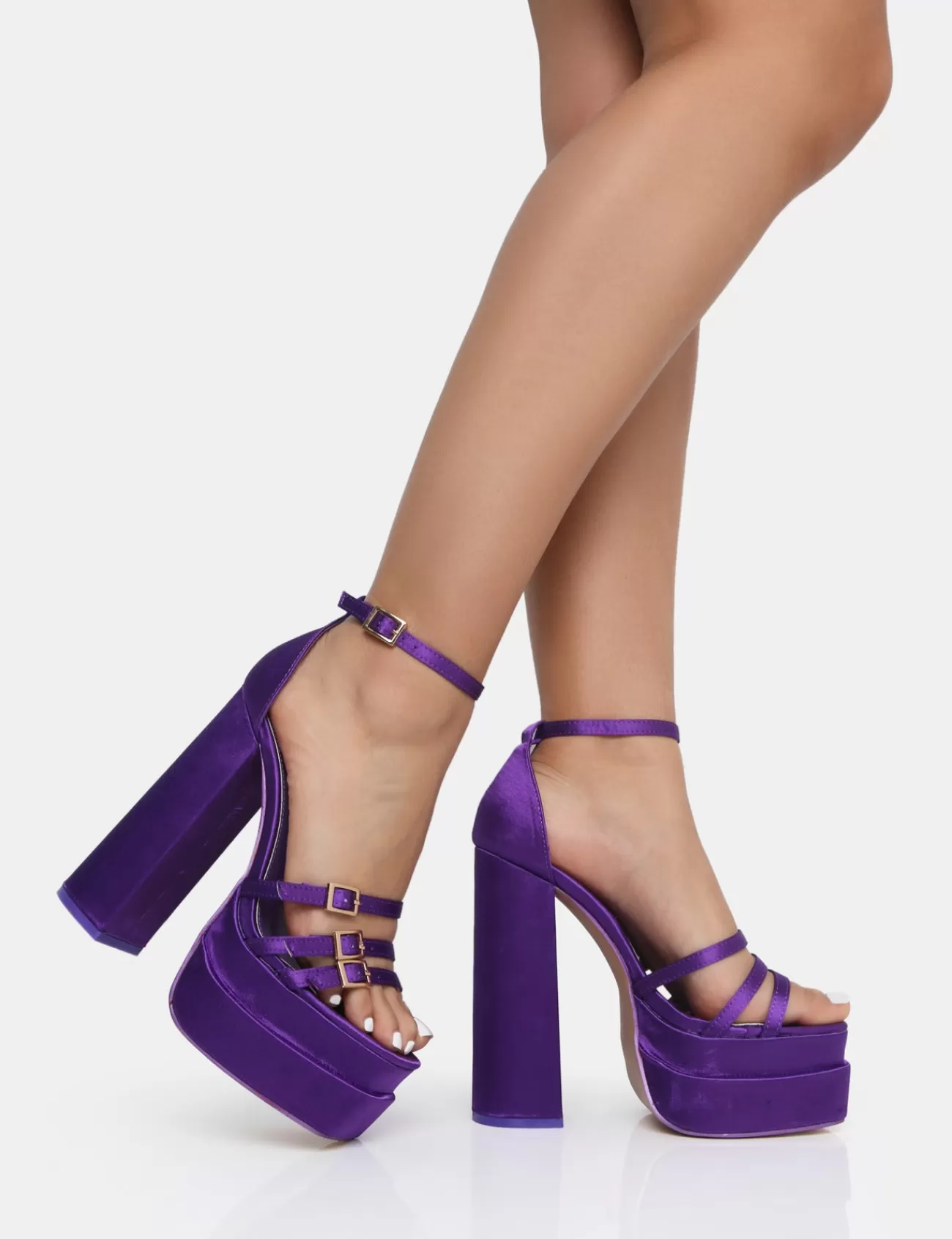 Public Desire Enya Satin Strappy Buckle Square Toe Platform Block Heels Purple Best