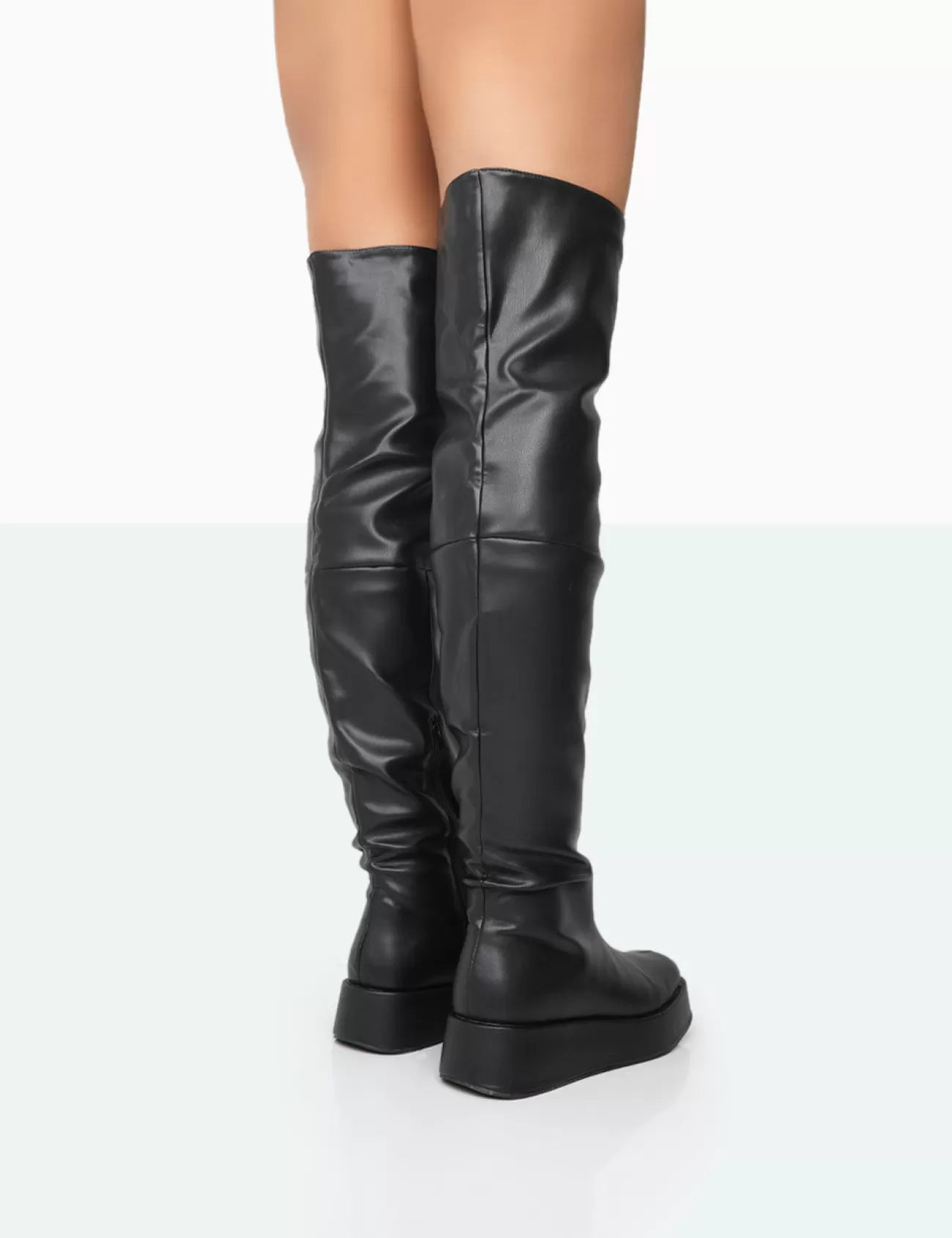Public Desire Erica Black Pu Chunky Platform Over The Knee Boots Bone Outlet