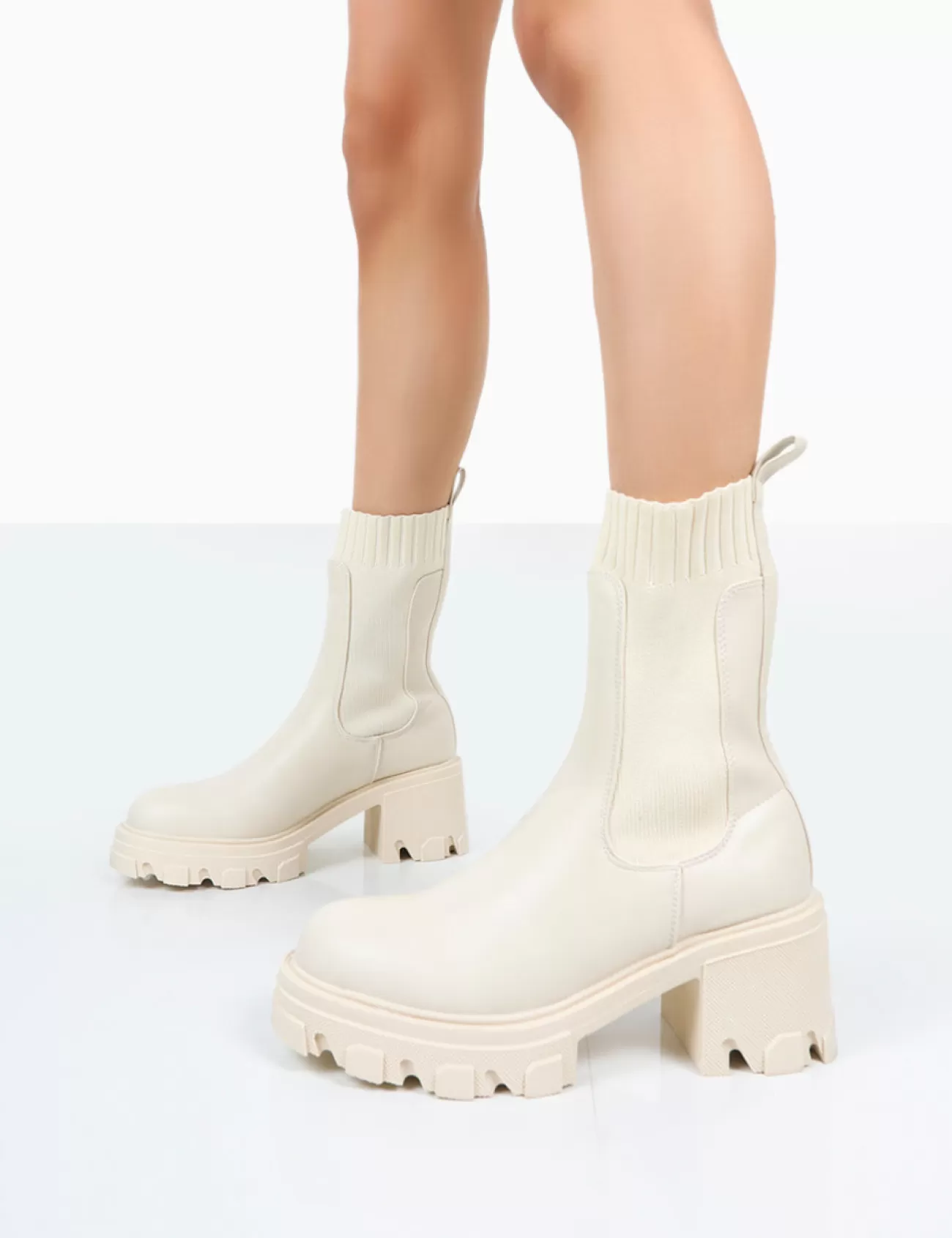 Public Desire Everdeen Pu And Knit Chunky Heeled Platform Sock Ankle Boots Ecru Cheap