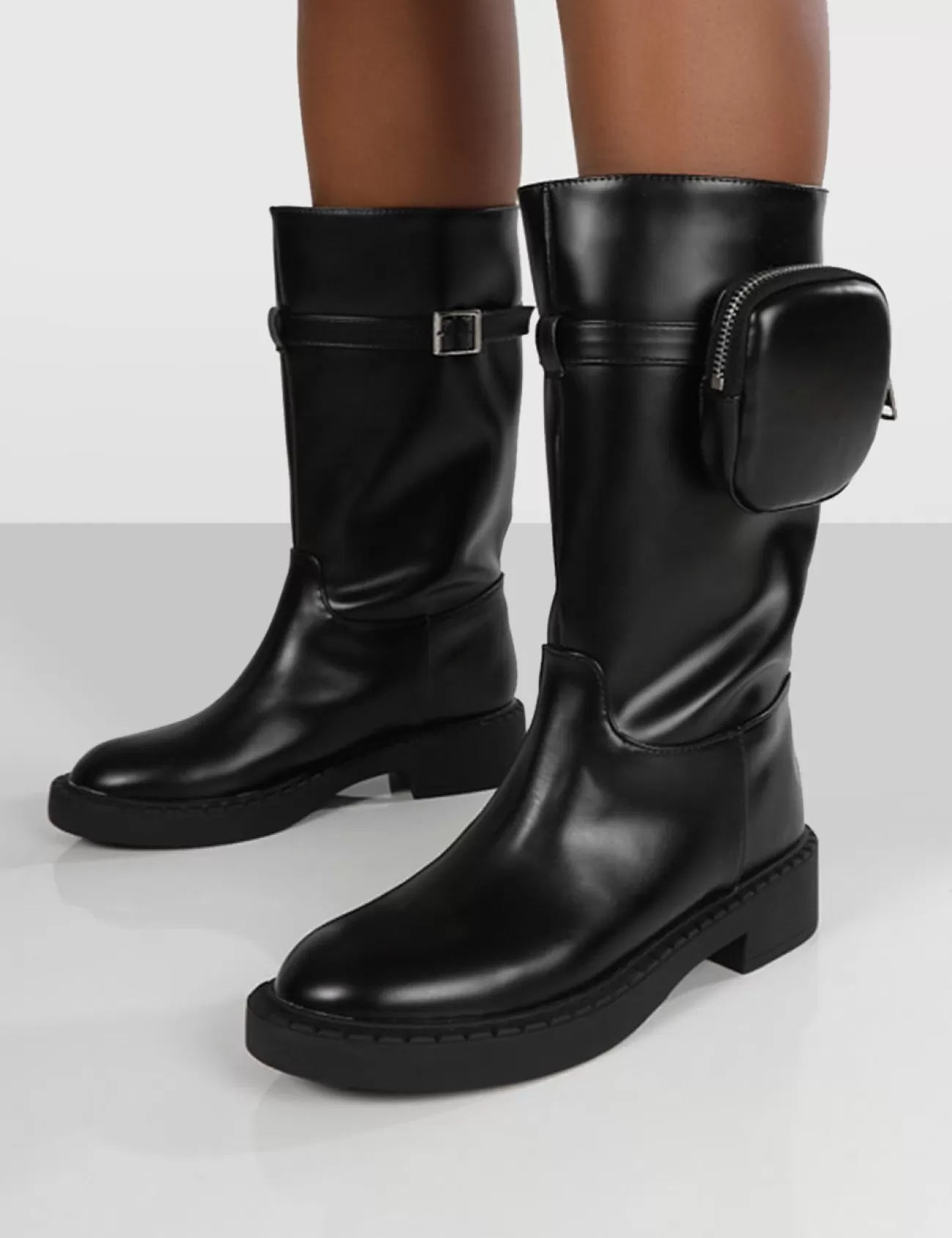 Public Desire Evoke Pocket Detail Chunky Sole Calf Height Boot Black Cheap