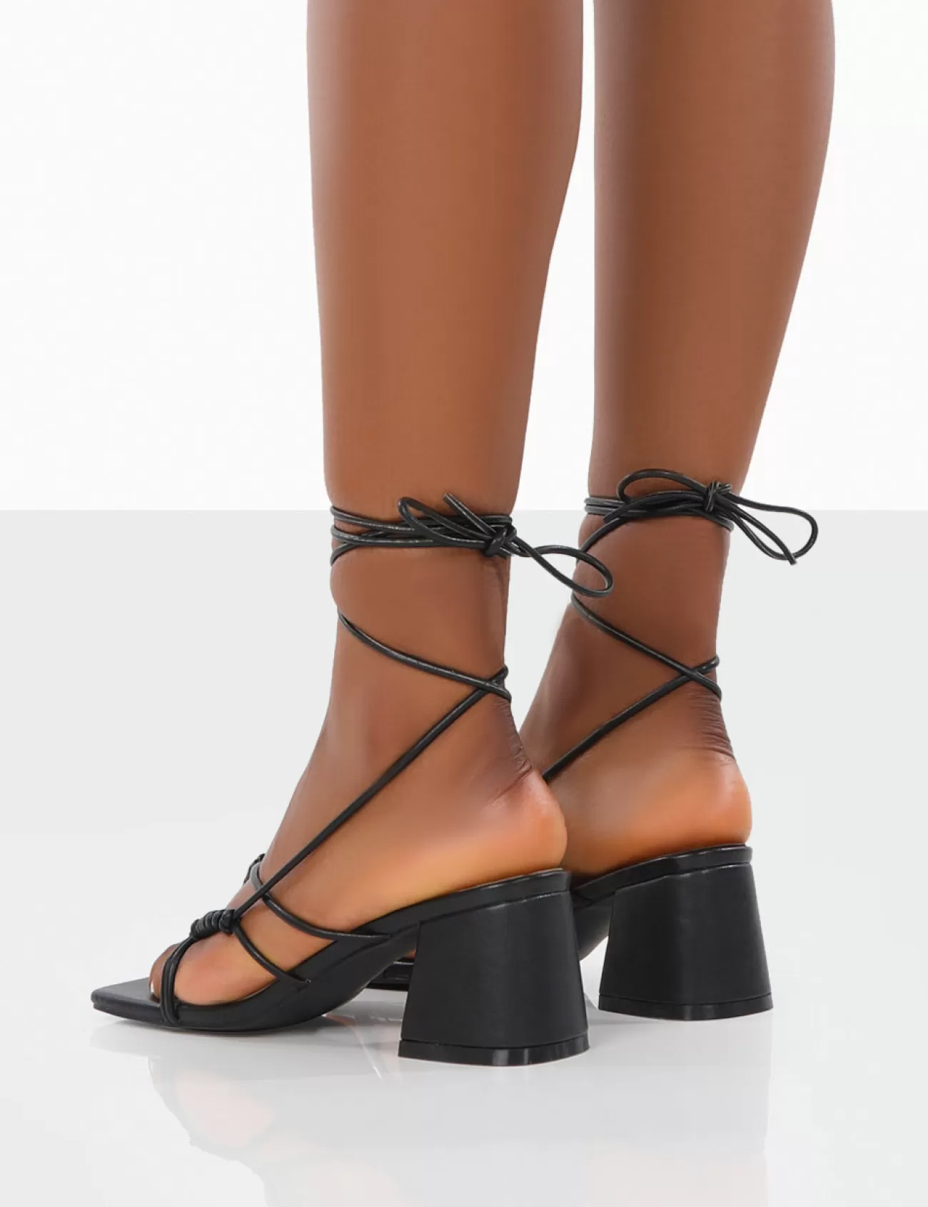 Public Desire Fanatic Pu Square Toe Lace Up Block Mid Heeled Sandals Black Best Sale