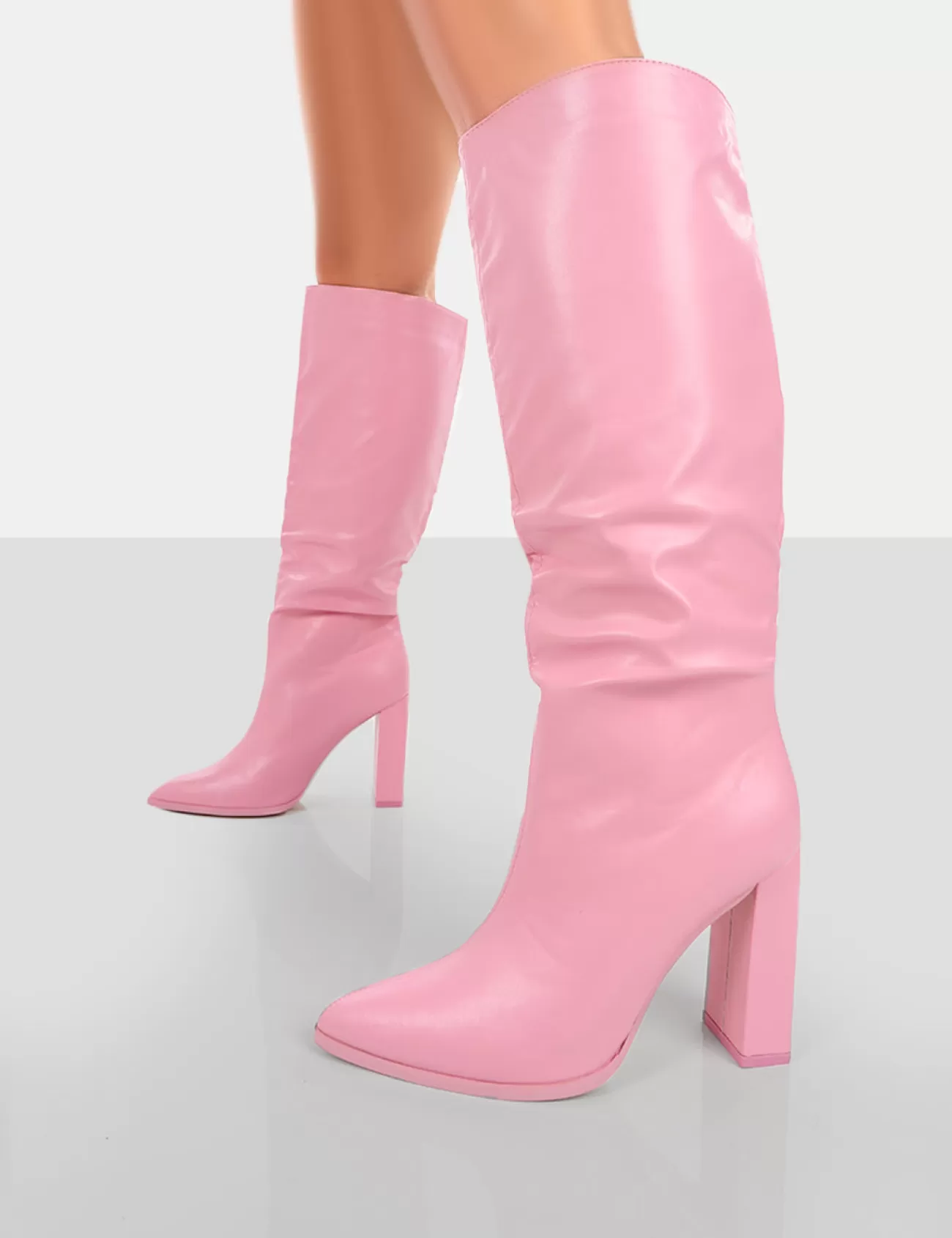 Public Desire Far Away Grain Pu Square Toe Knee High Block Boots Pink Cheap