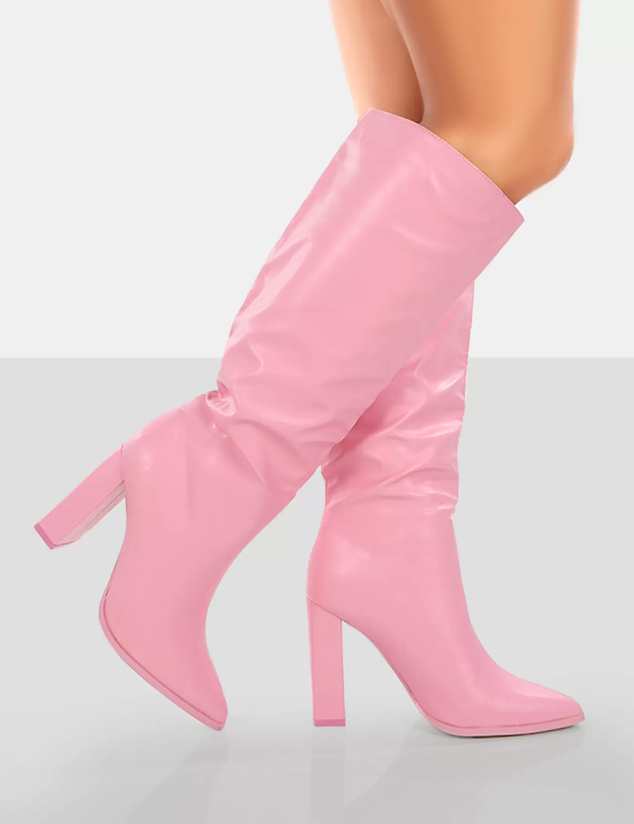 Public Desire Far Away Grain Pu Square Toe Knee High Block Boots Pink Cheap