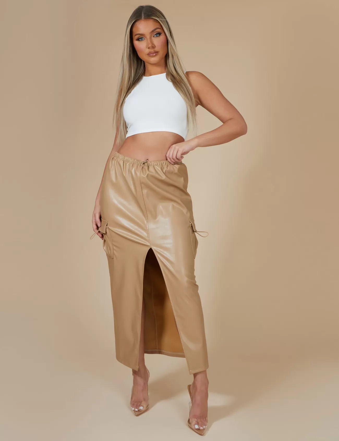 Public Desire Faux Leather Pocket Detail Cargo Maxi Skirt Camel Brown New