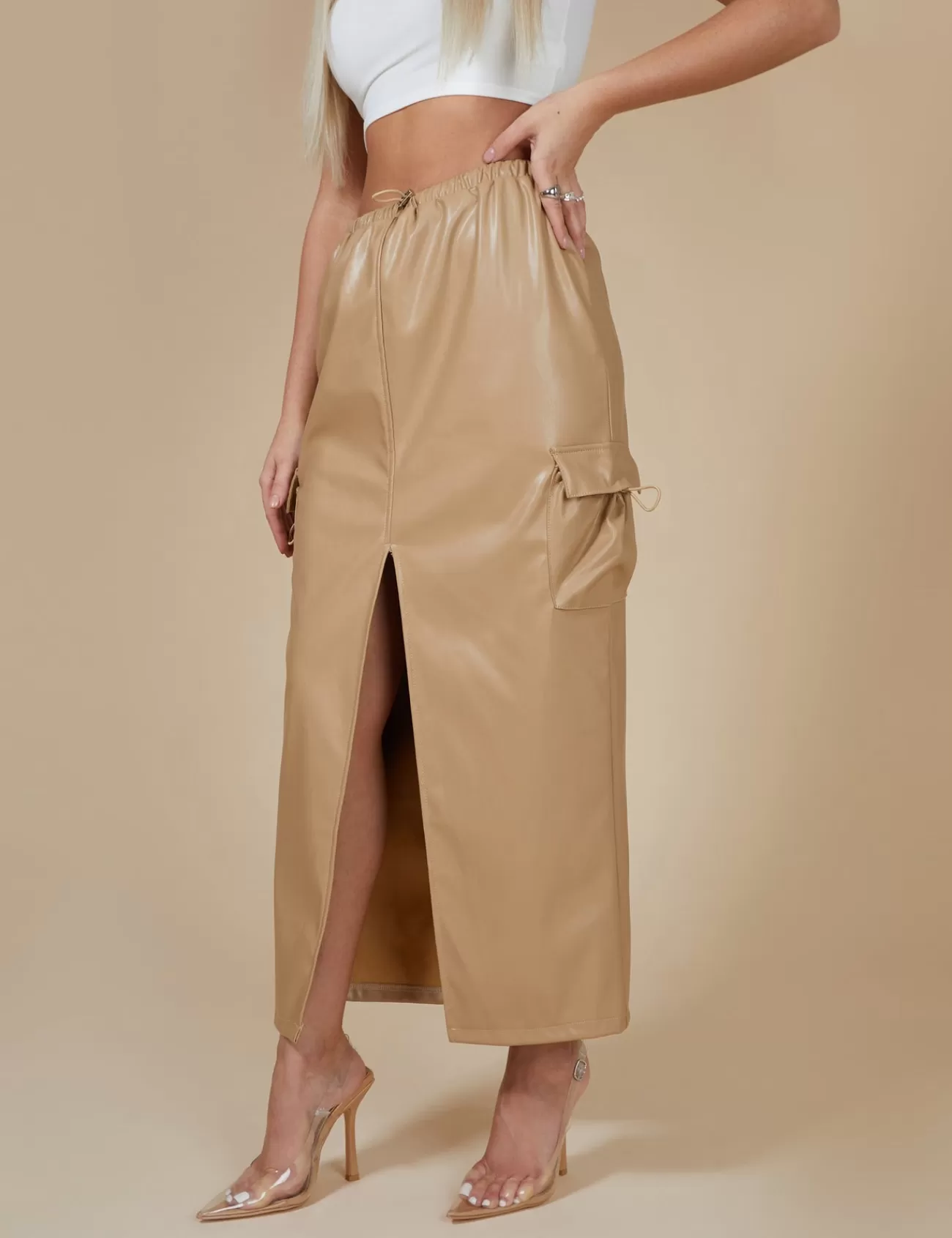 Public Desire Faux Leather Pocket Detail Cargo Maxi Skirt Camel Brown New