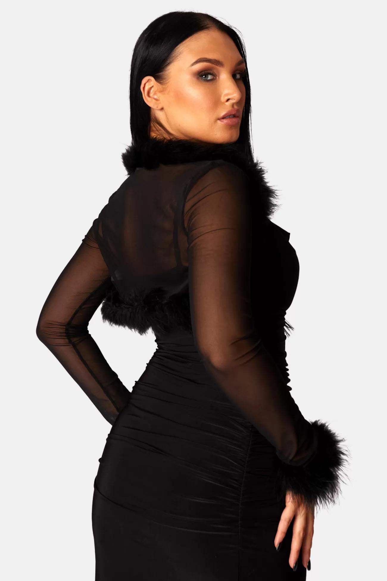 Public Desire Feather Trim Mesh Shrug Black Best Sale