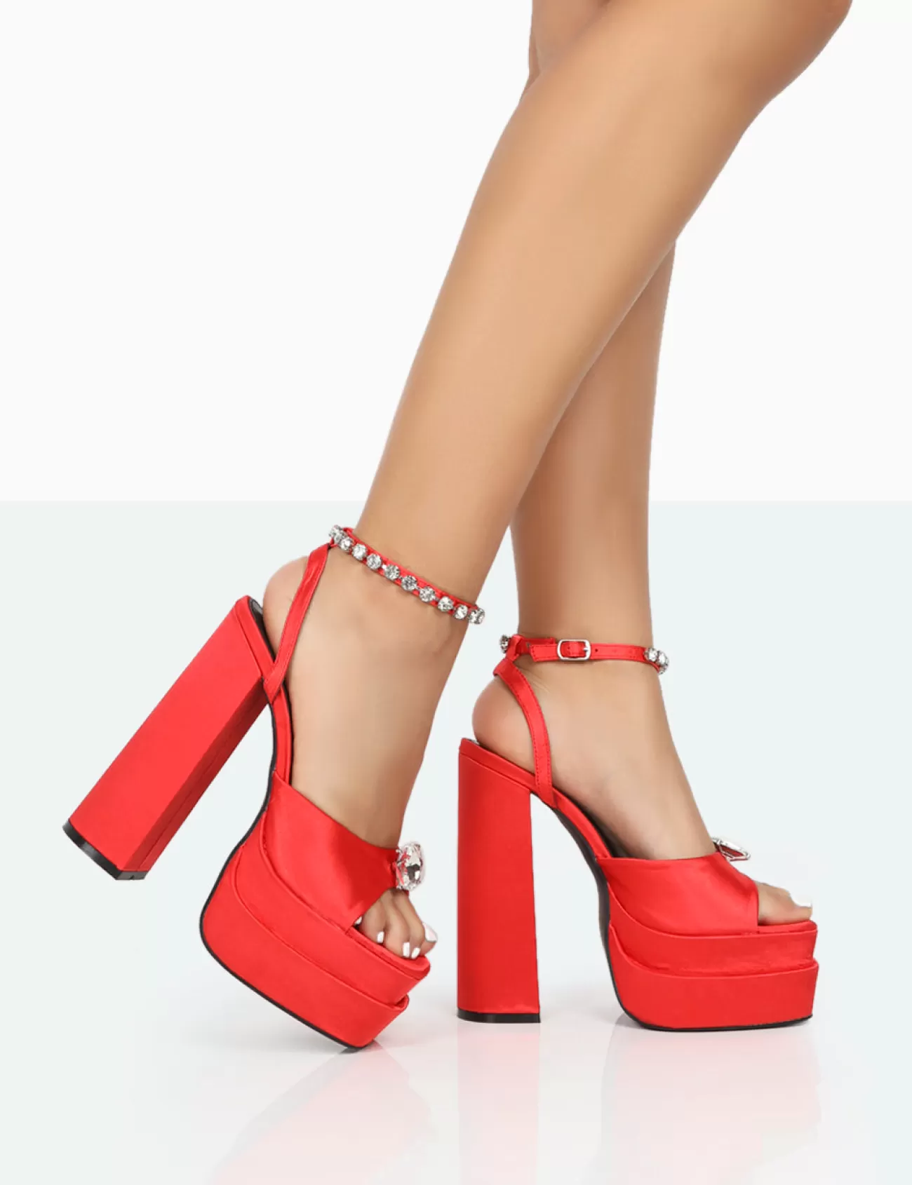 Public Desire Frozen Satin Sparkly Diamante Strap Open Toe Block Platform Heels Red Shop