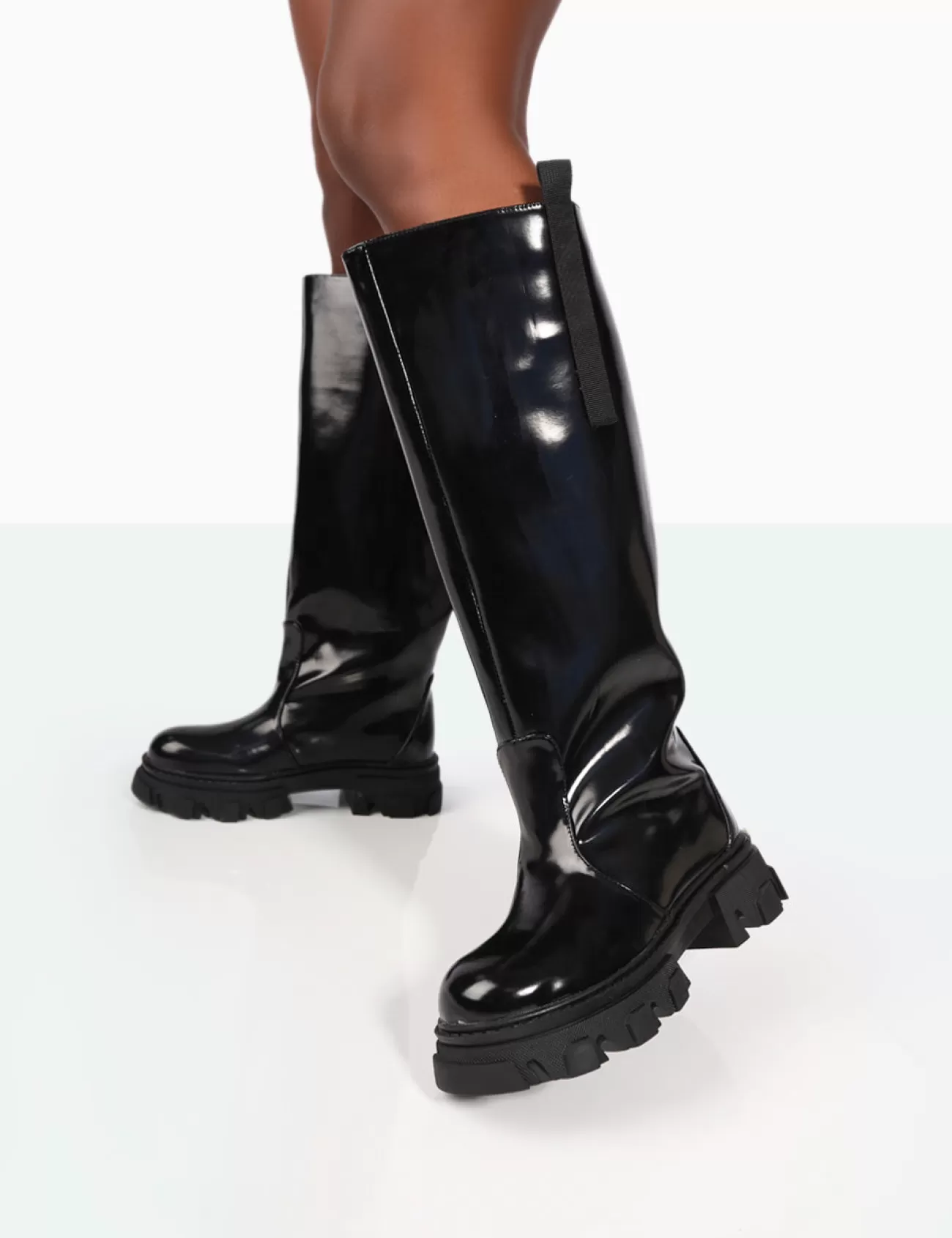Public Desire Genius Wide Fit Box Patent Knee High Chunky Sole Boots Black Best