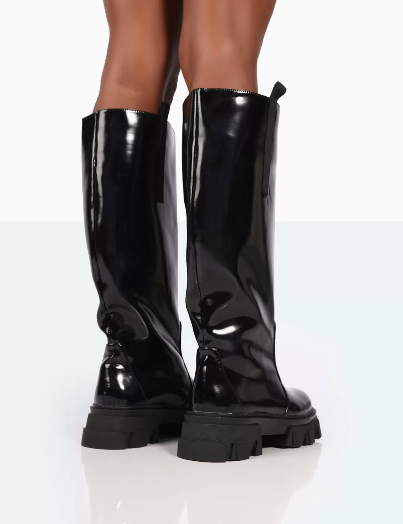 Public Desire Genius Wide Fit Box Patent Knee High Chunky Sole Boots Black Best